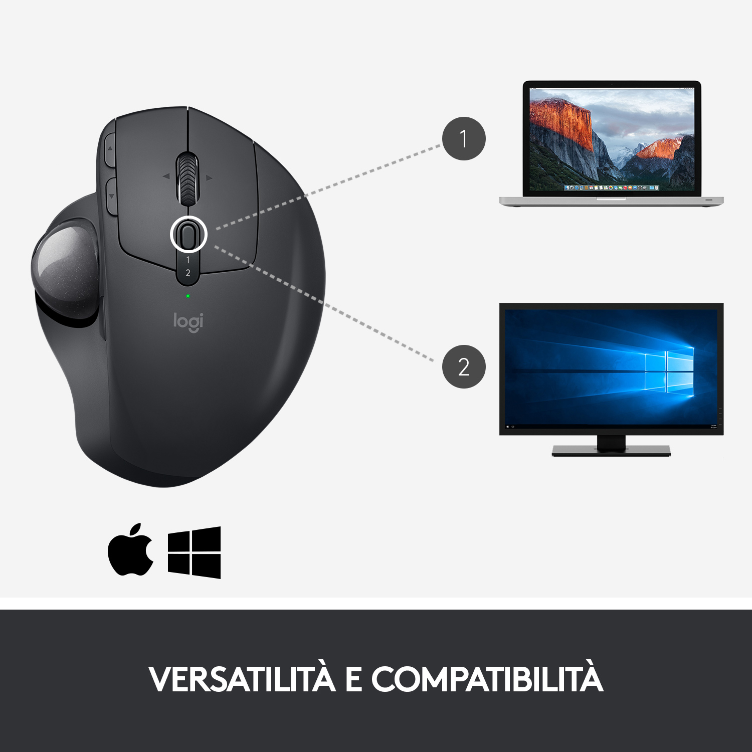 Mouse nero con sfera argentata, due schermi e loghi Apple e Windows.