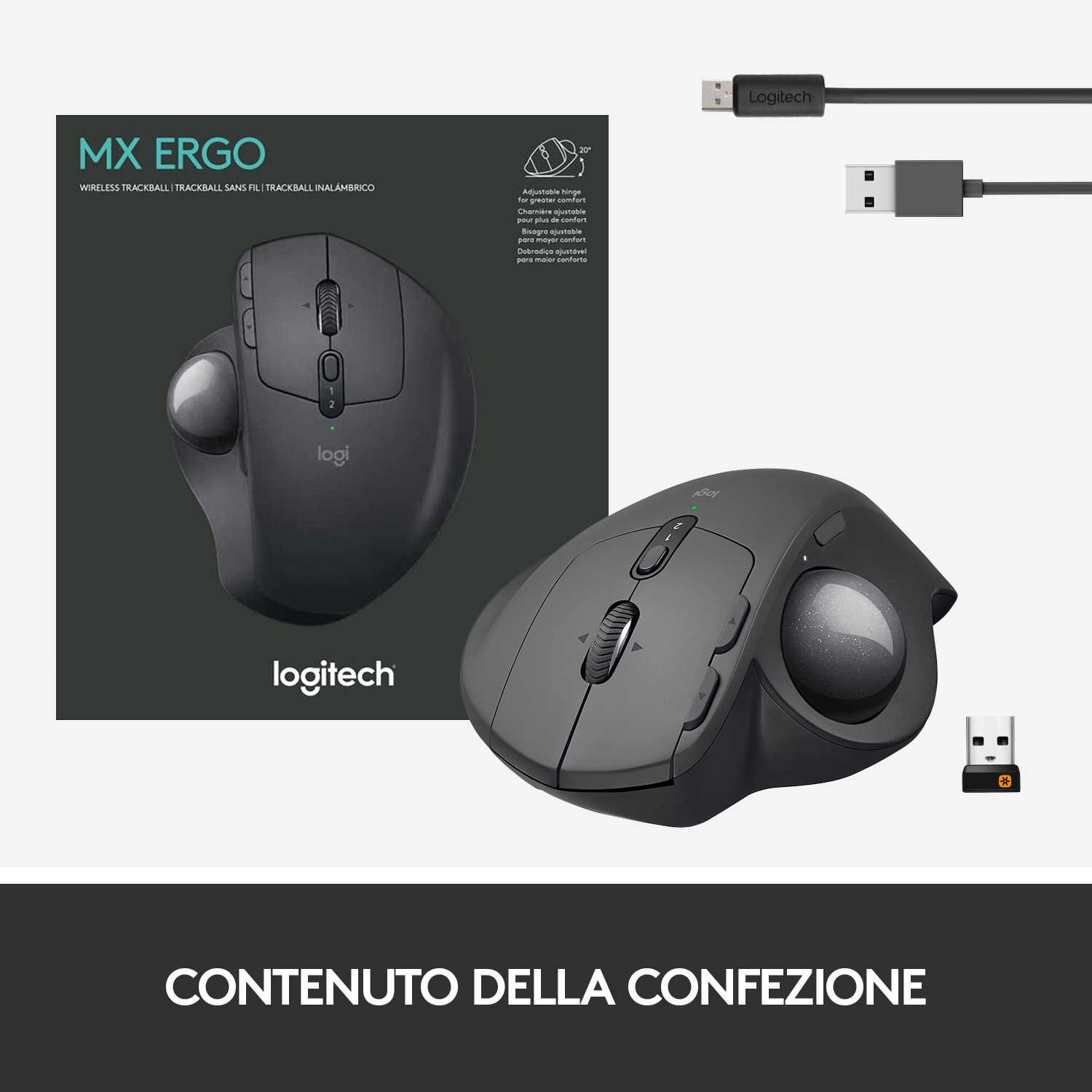 Mouse Logitech MX ERGO con scatola e accessori, che mostra la sua forma e i dettagli.