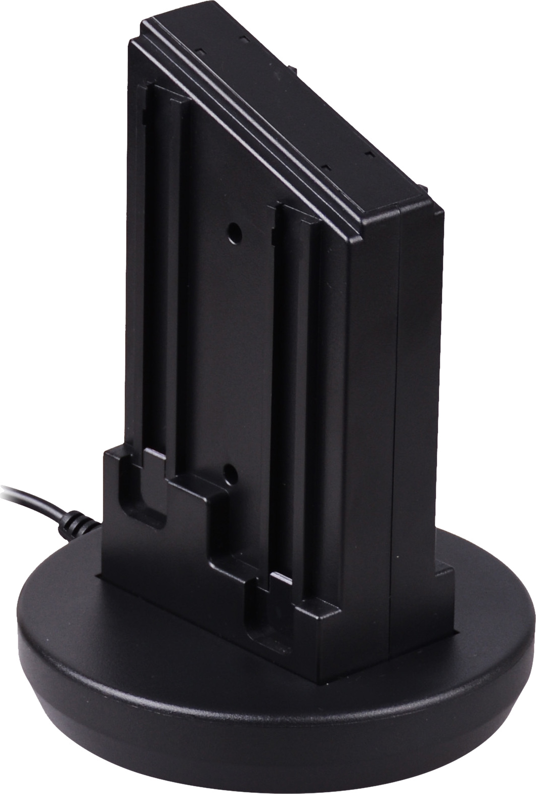 Black charging base with two slots. Rectangular shape and a black power cord.