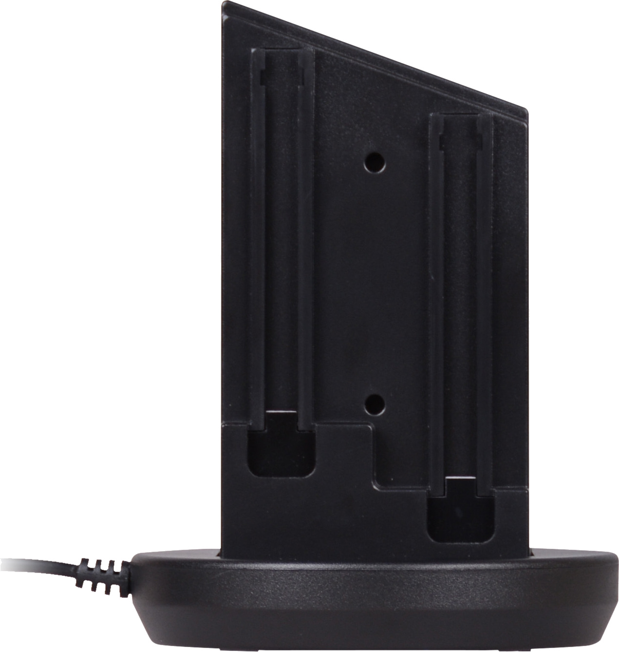 Black charging station with a charging cable coming out. Black with some holes and vertical slots.