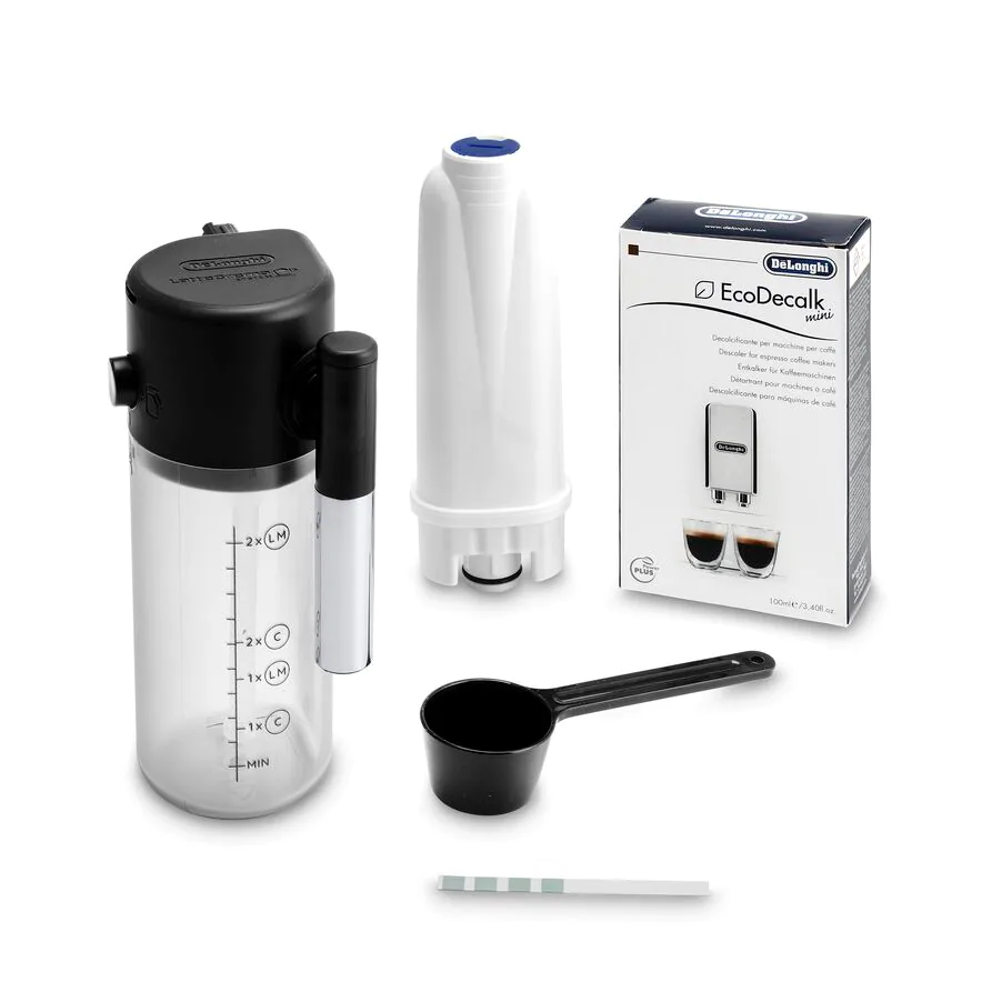 DeLonghi coffee machine accessories: water tank, filter, descaler, measuring spoon, and test strip.