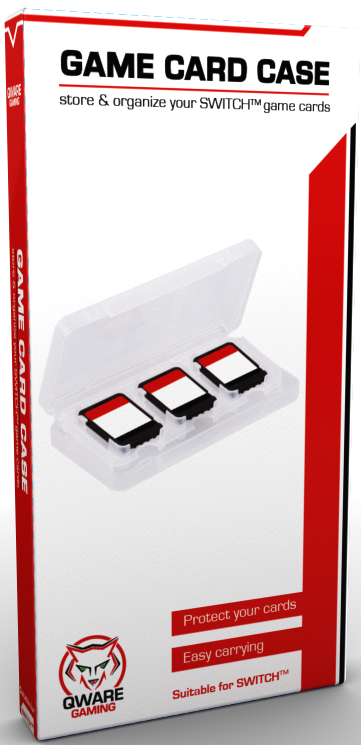 A game card case packaging, showing the case and three game cards inside.