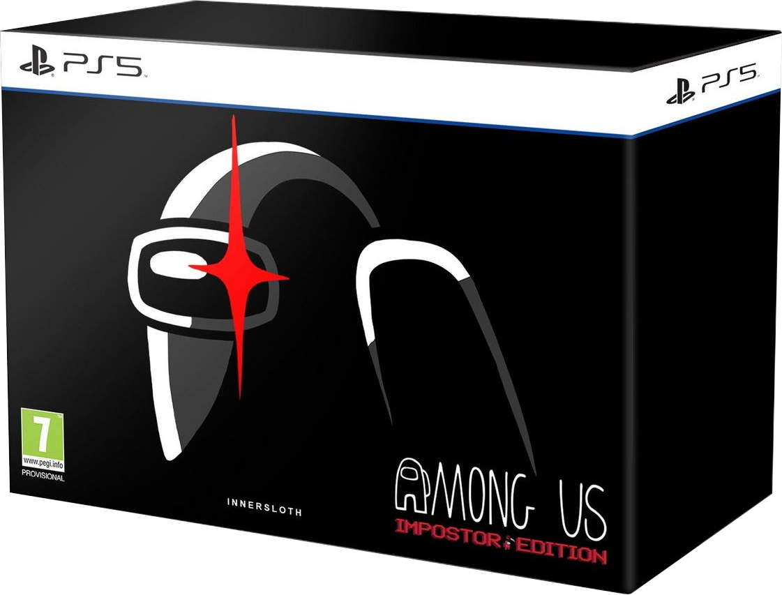 Among Us Impostor Edition PS5 gamebox, zwart met karakters, witte achtergrond.