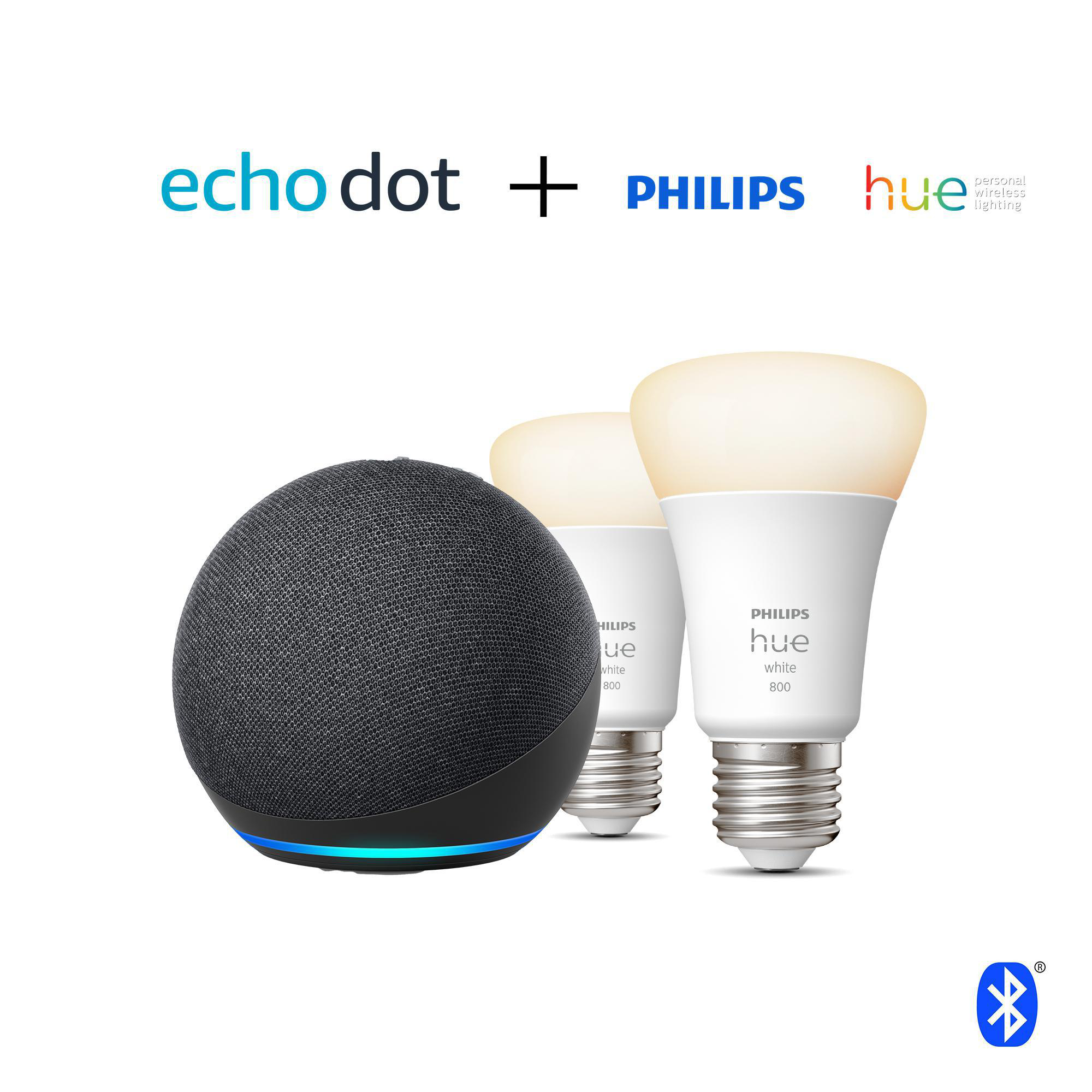 AMAZON Echo Dot Doppelpack, + Lampe Smart (4. Hue E27 Generation) LED Philips Speaker White