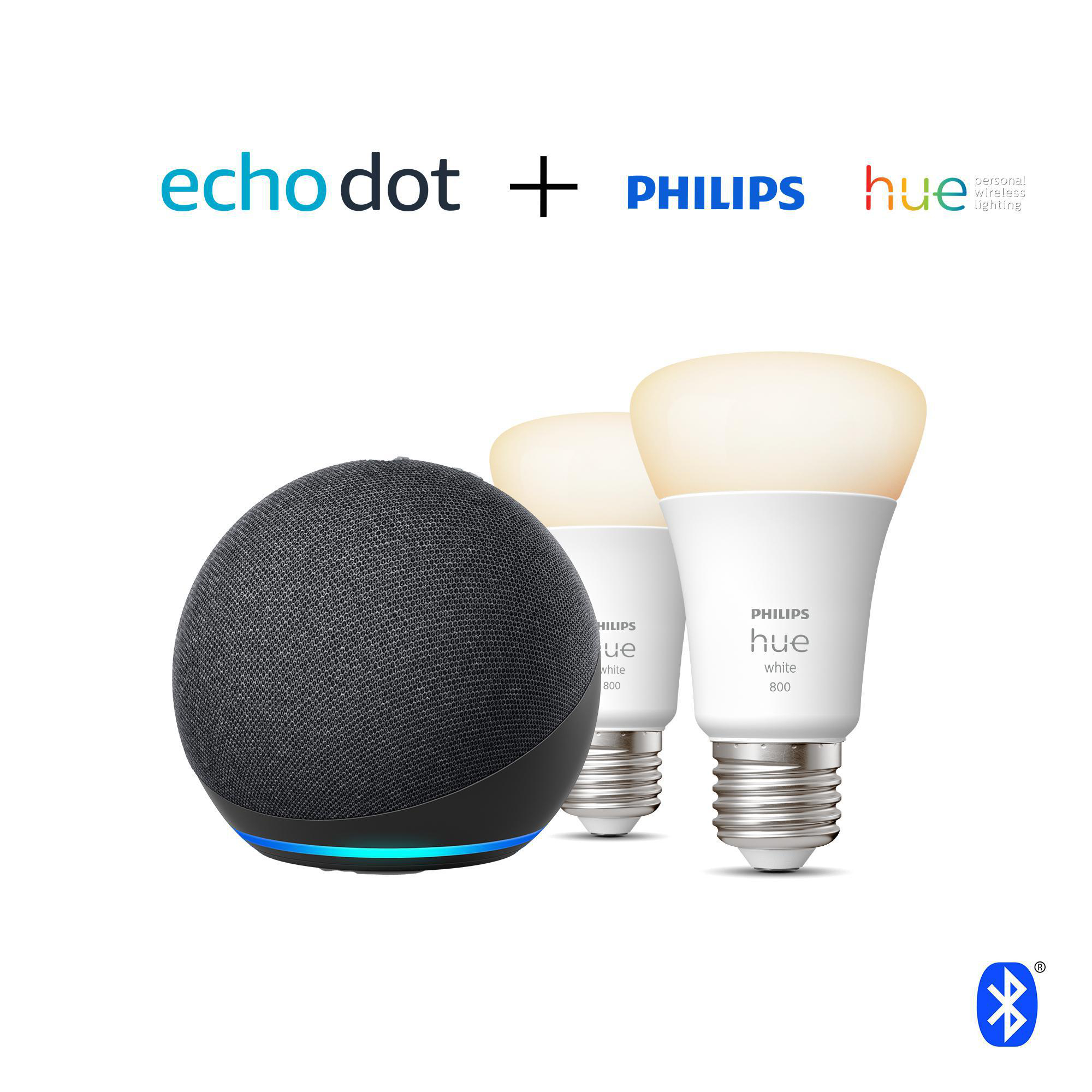 AMAZON Echo Dot (4. Generation) + Philips Hue White E27 LED Lampe Doppelpack, Smart Speaker