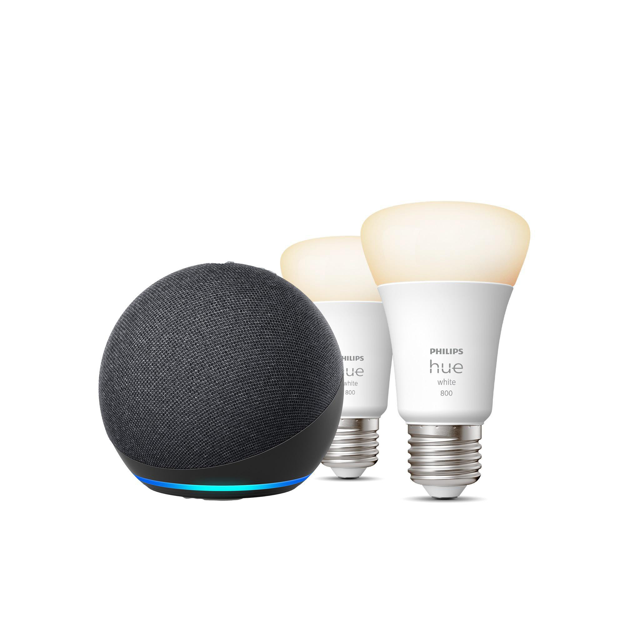 AMAZON Echo Dot Doppelpack, + Lampe Smart (4. Hue E27 Generation) LED Philips Speaker White