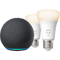 AMAZON Echo Dot (4. Generation) + Philips Hue White E27 LED Lampe Doppelpack, Smart Speaker