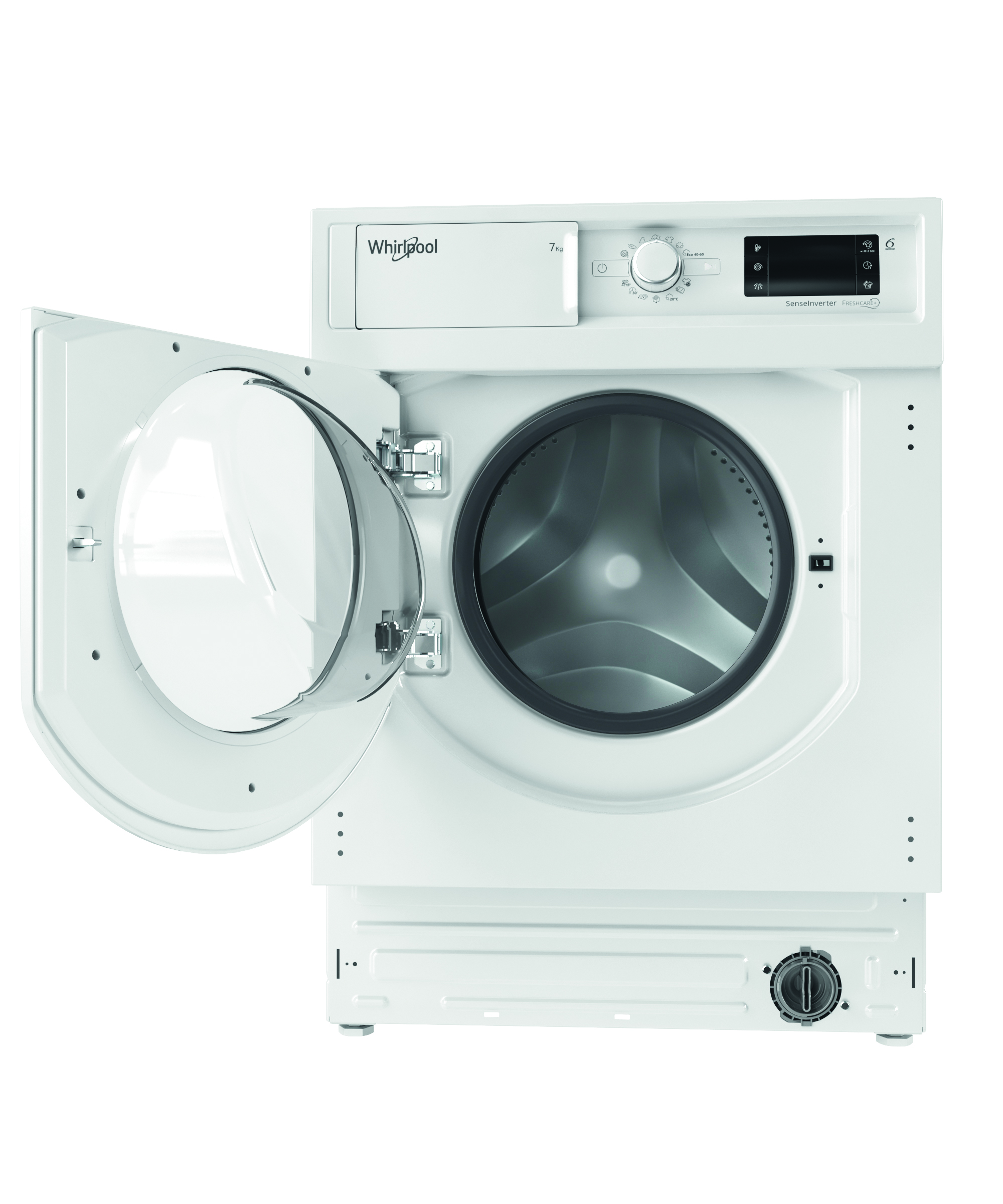 Fehér Whirlpool mosógép nyitott ajtóval, a dobot mutatva.