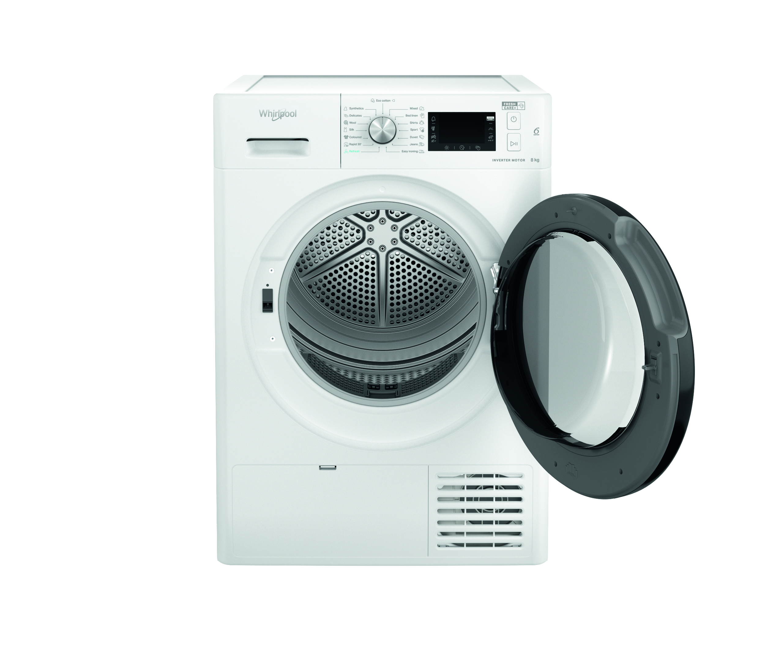 Fehér Whirlpool szárítógép nyitott ajtóval, belül a dob.