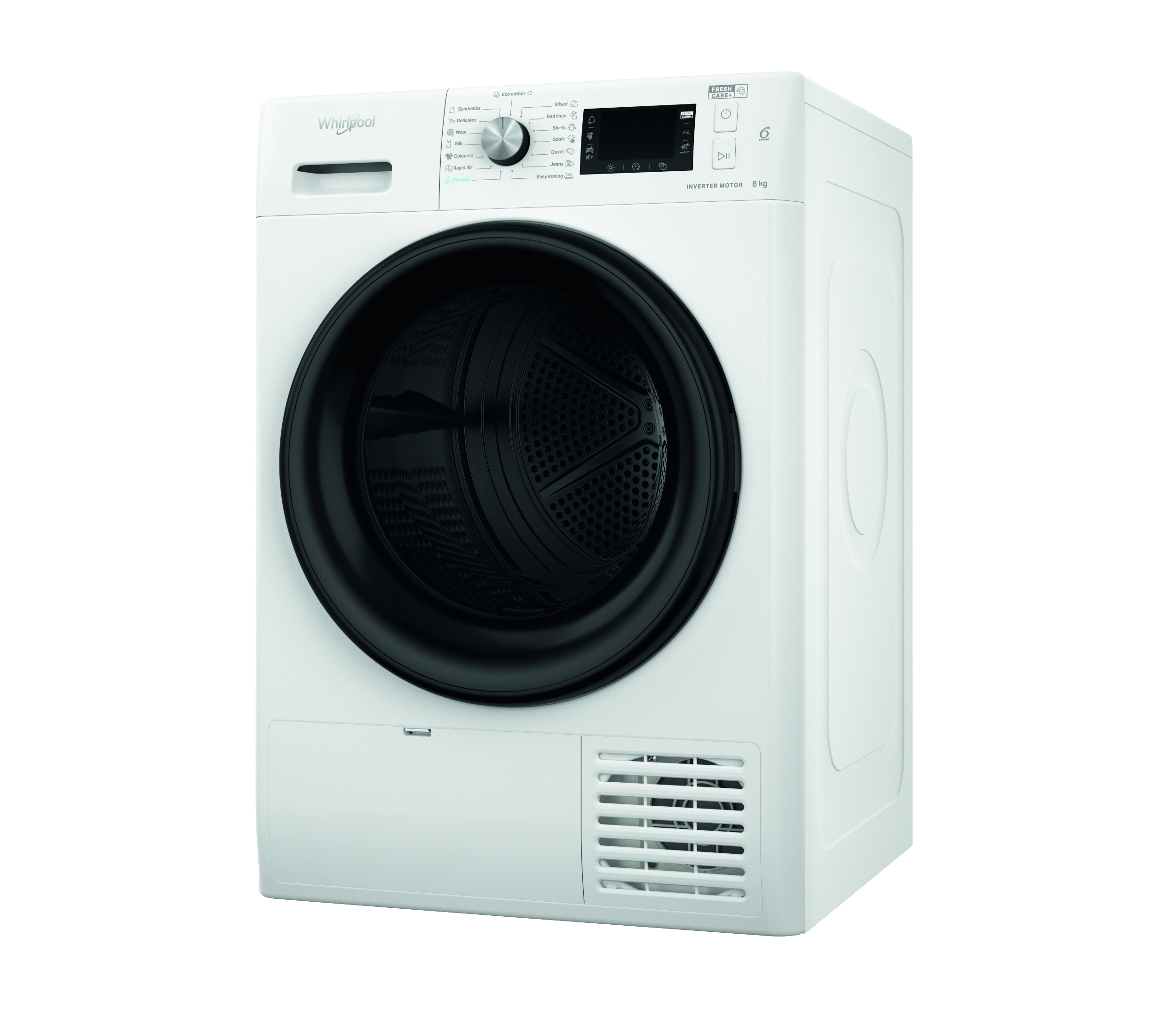 Fehér Whirlpool szárítógép fekete ajtóval és vezérlőkkel.