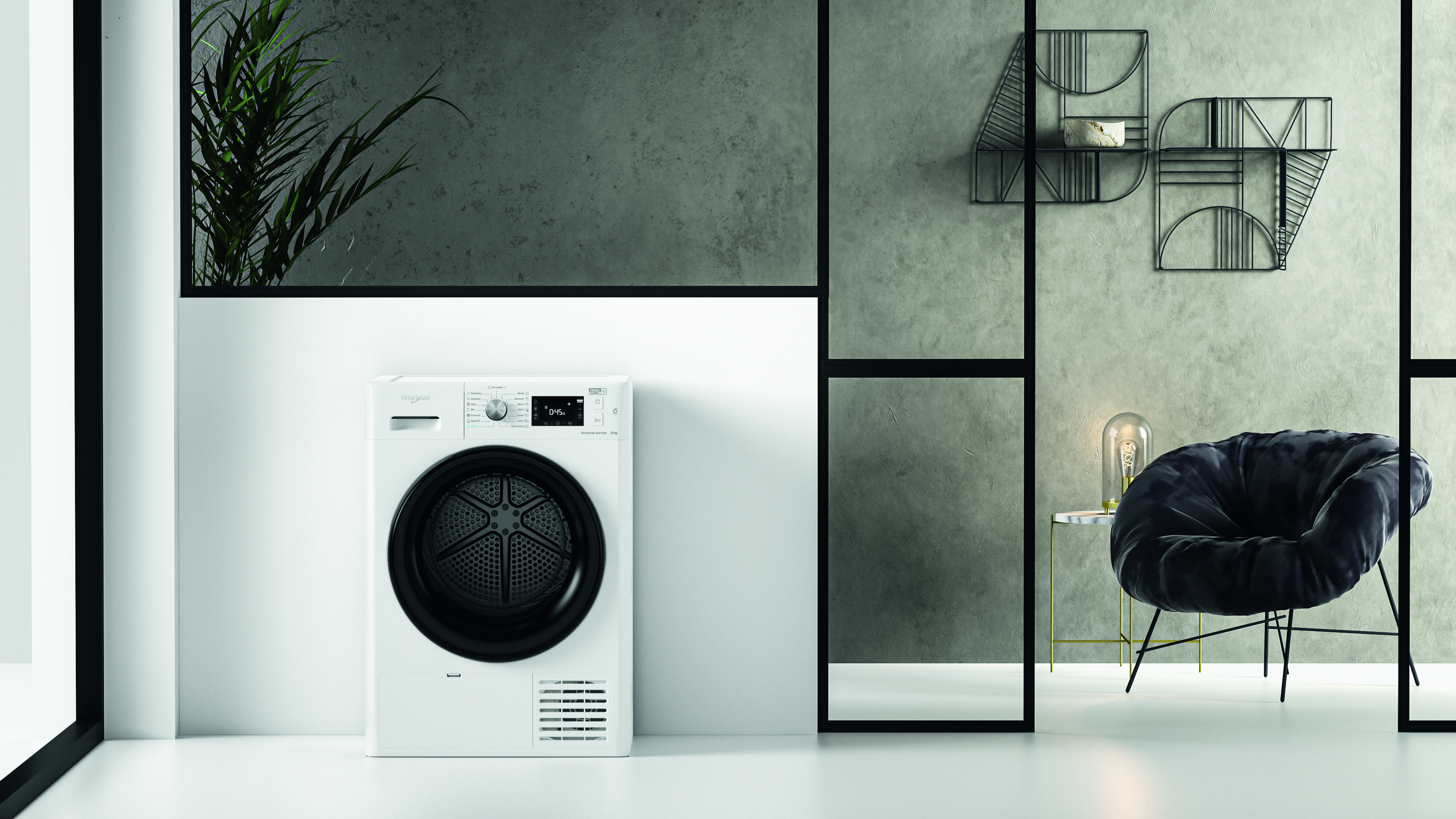 Fehér szárítógép egy modern szobában design elemekkel.