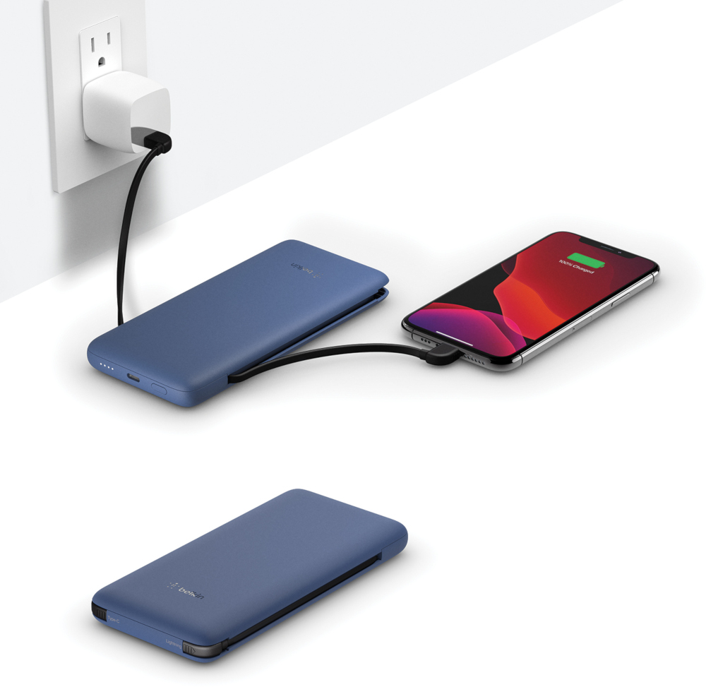 BELKIN Powerbank 10000 mAh avec câbles intégrés Bleu (BPB006BTBLU)