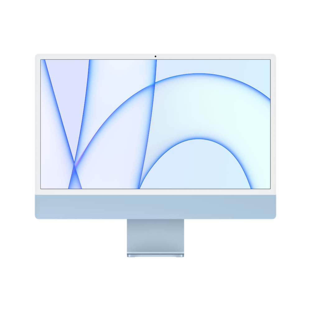 Een lichtblauwe iMac-computer op een zwarte achtergrond. Het scherm toont blauwe en witte abstracte vormen.
