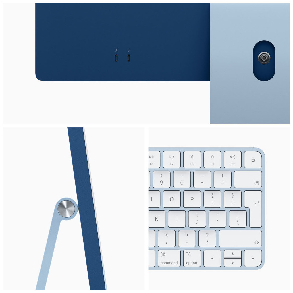 Een iMac met blauwe en lichtblauwe elementen. Een toetsenbord en een voedingspoort zijn ook zichtbaar. De standaard is zilver.