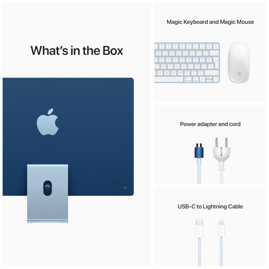 Afbeelding toont de inhoud van een iMac-doos: iMac, Magic Keyboard, Magic Mouse, voedingsadapter en een USB-C naar Lightning-kabel.