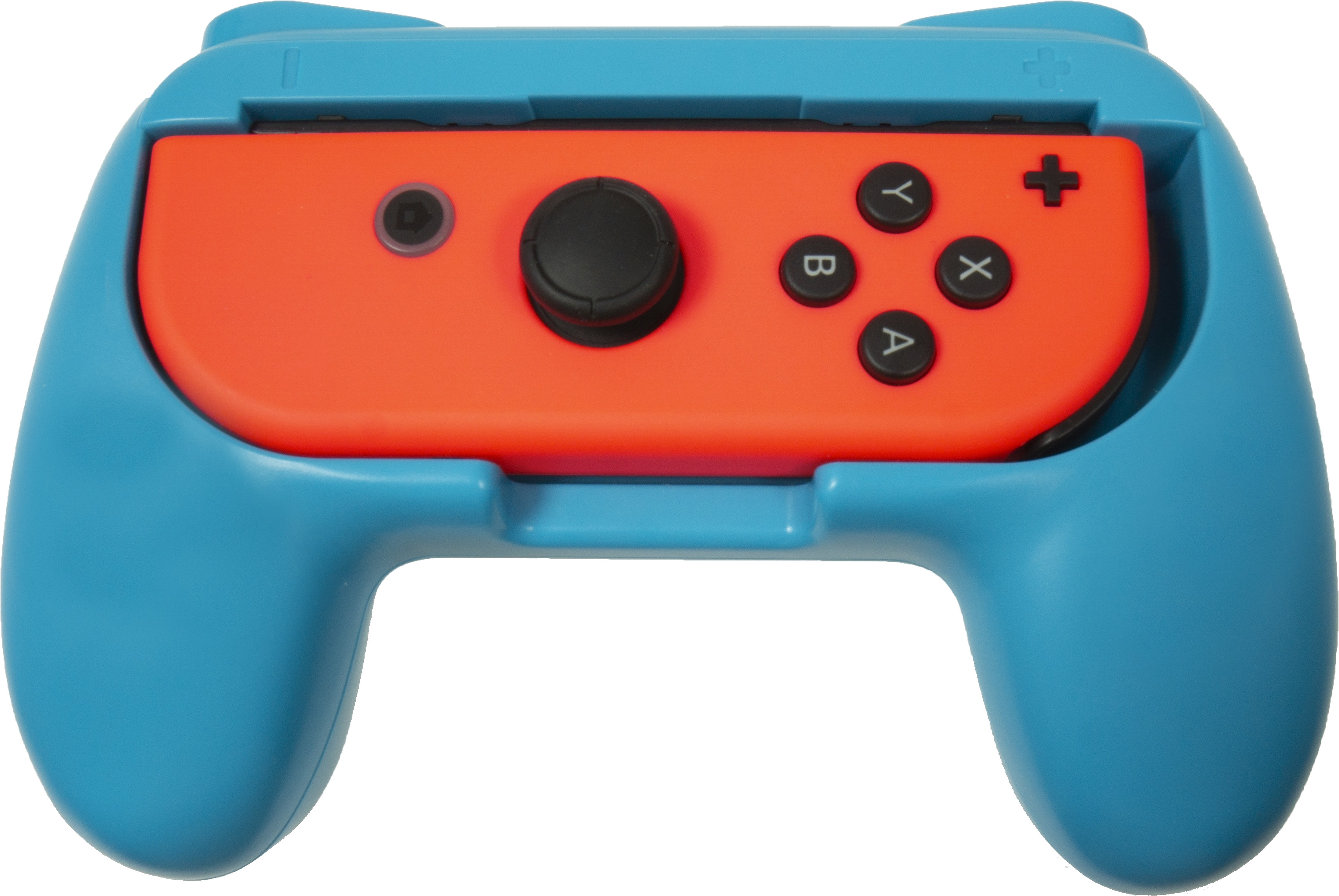 Blue controller for a Nintendo Switch console with an orange center section. Has buttons and a joystick.