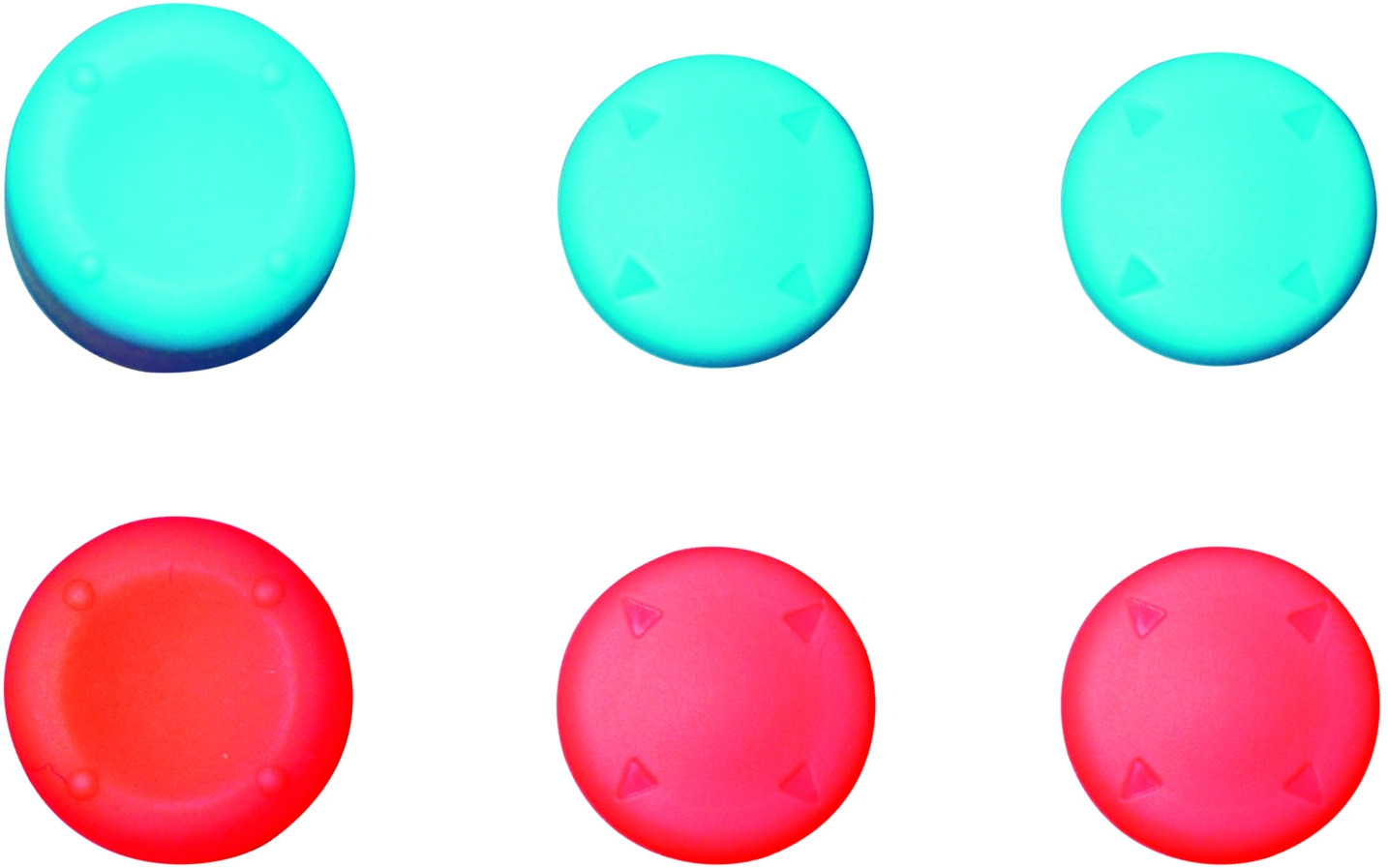 Set of six joystick thumb grips: three aqua and three red, each with directional arrows.