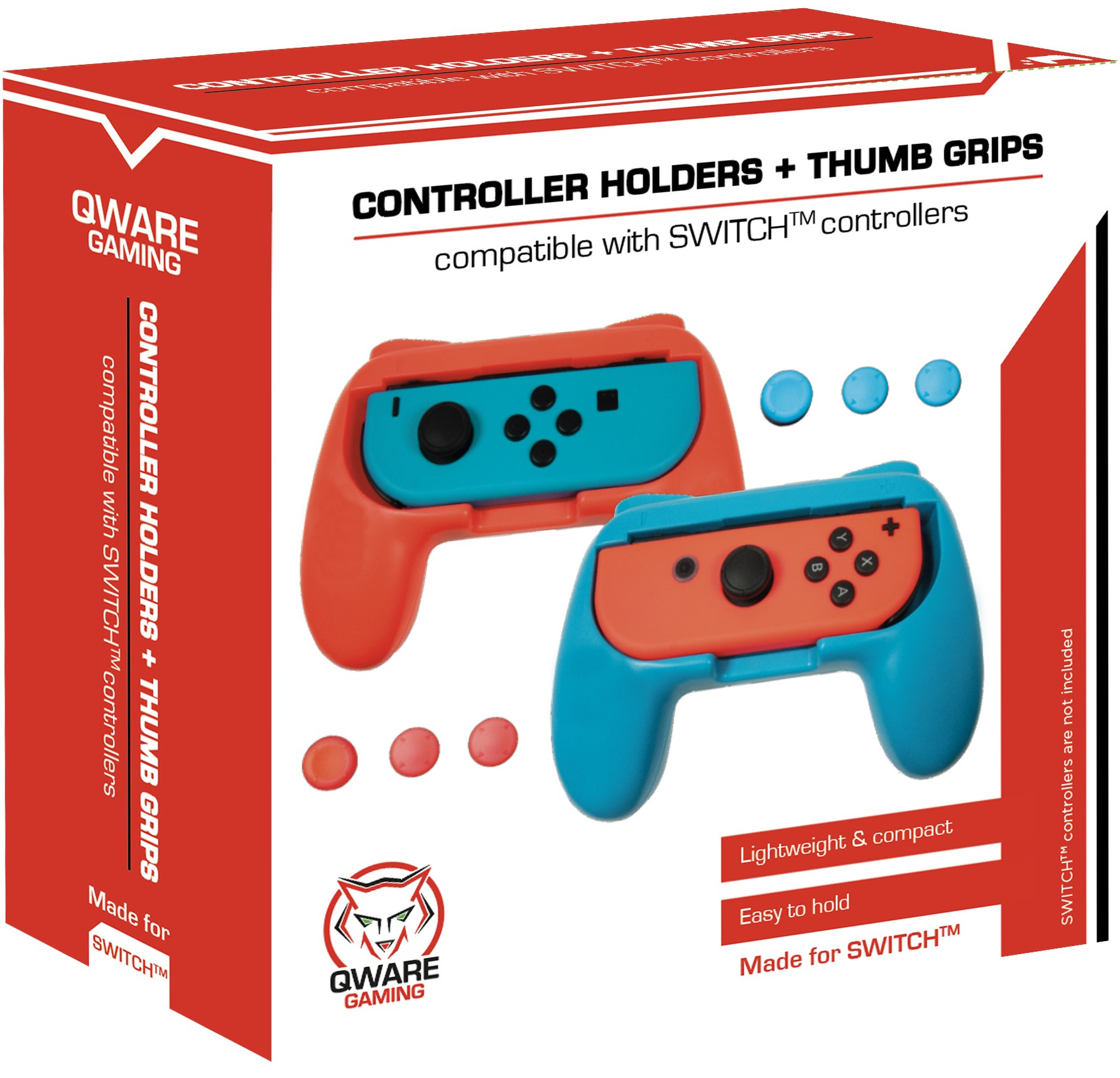 Boxed controller holders and thumb grips. Orange and blue holders. White background.