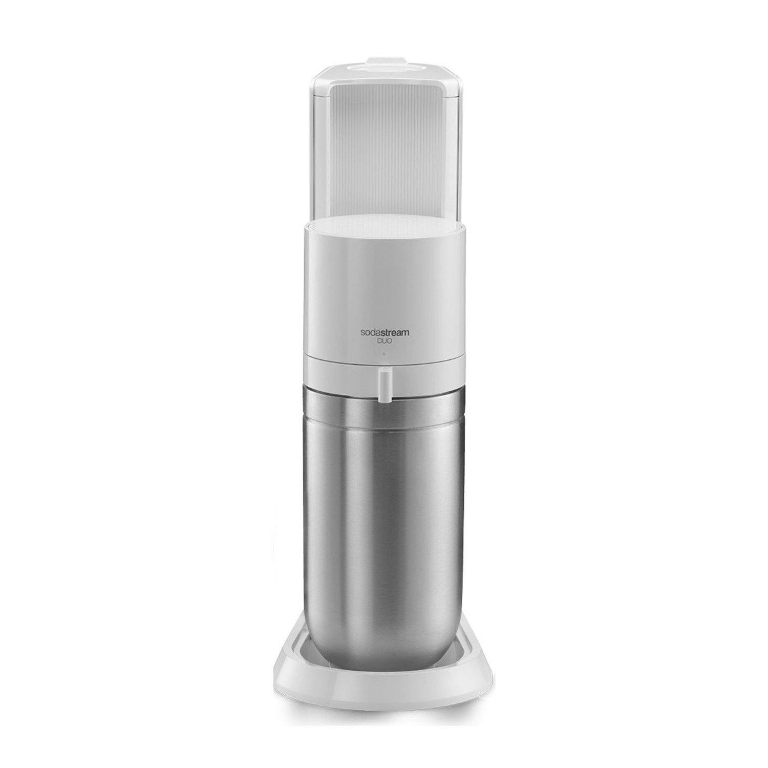 Carbonatore d'acqua SodaStream DUO bianco. Ha un design alto con una parte superiore trasparente e una base in acciaio inossidabile.
