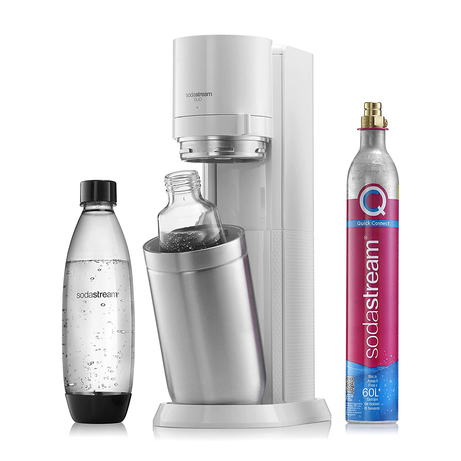 SodaStream DUO bianco con bottiglia e bombola di gas. Il marchio è visibile.