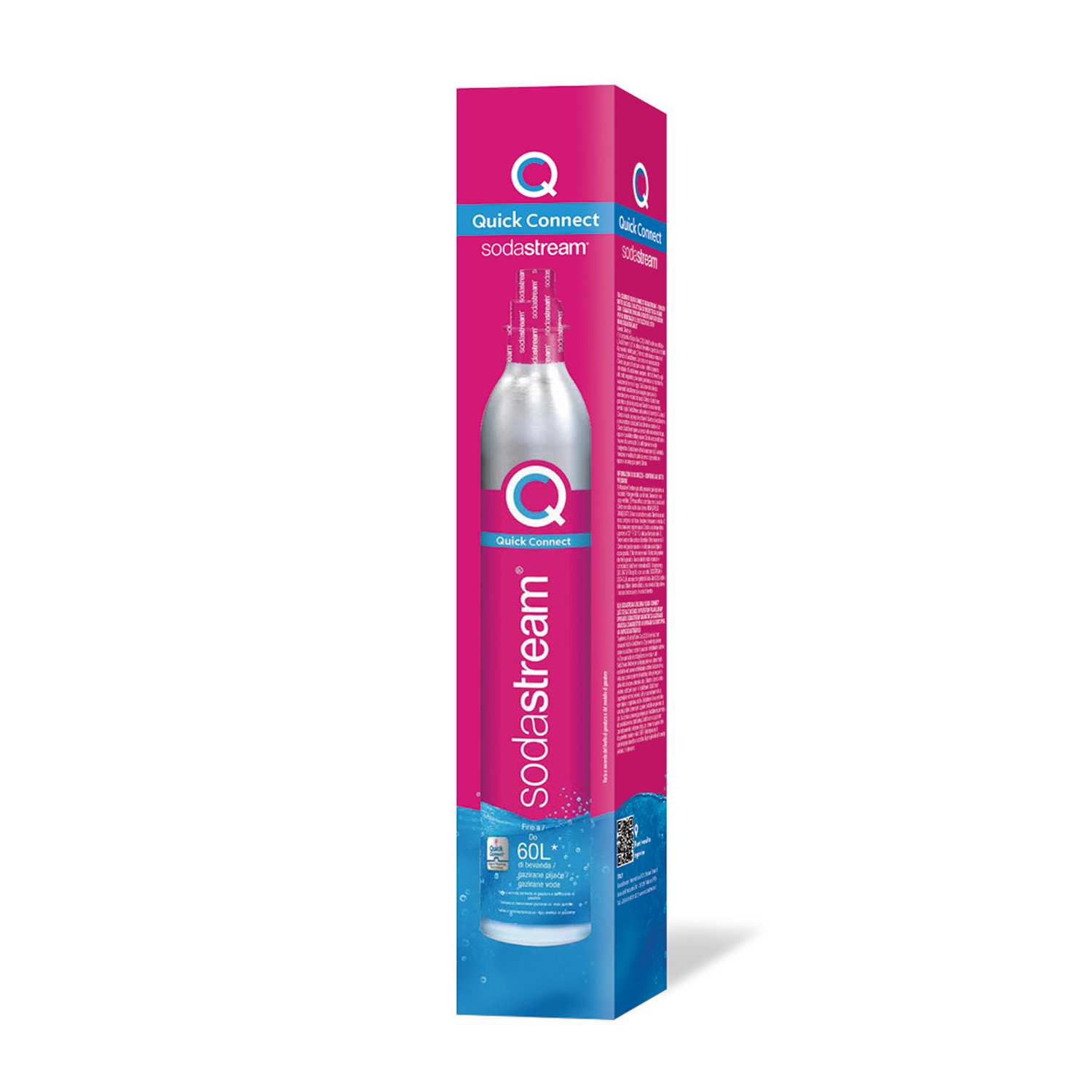 Una scatola alta di SodaStream, con il marchio e una bottiglia di soda.