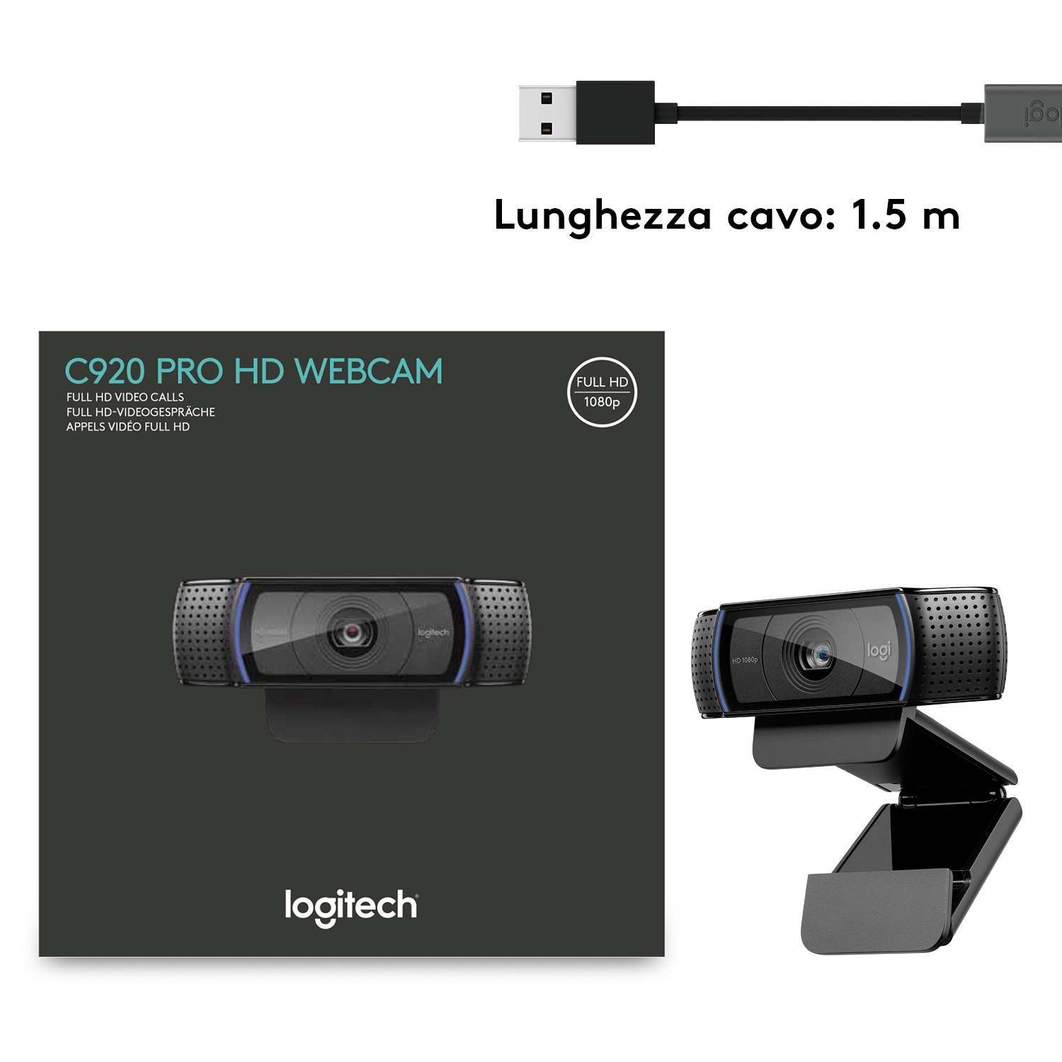Webcam Logitech C920 Pro HD con scatola e cavo. Fotocamera e confezione nere.