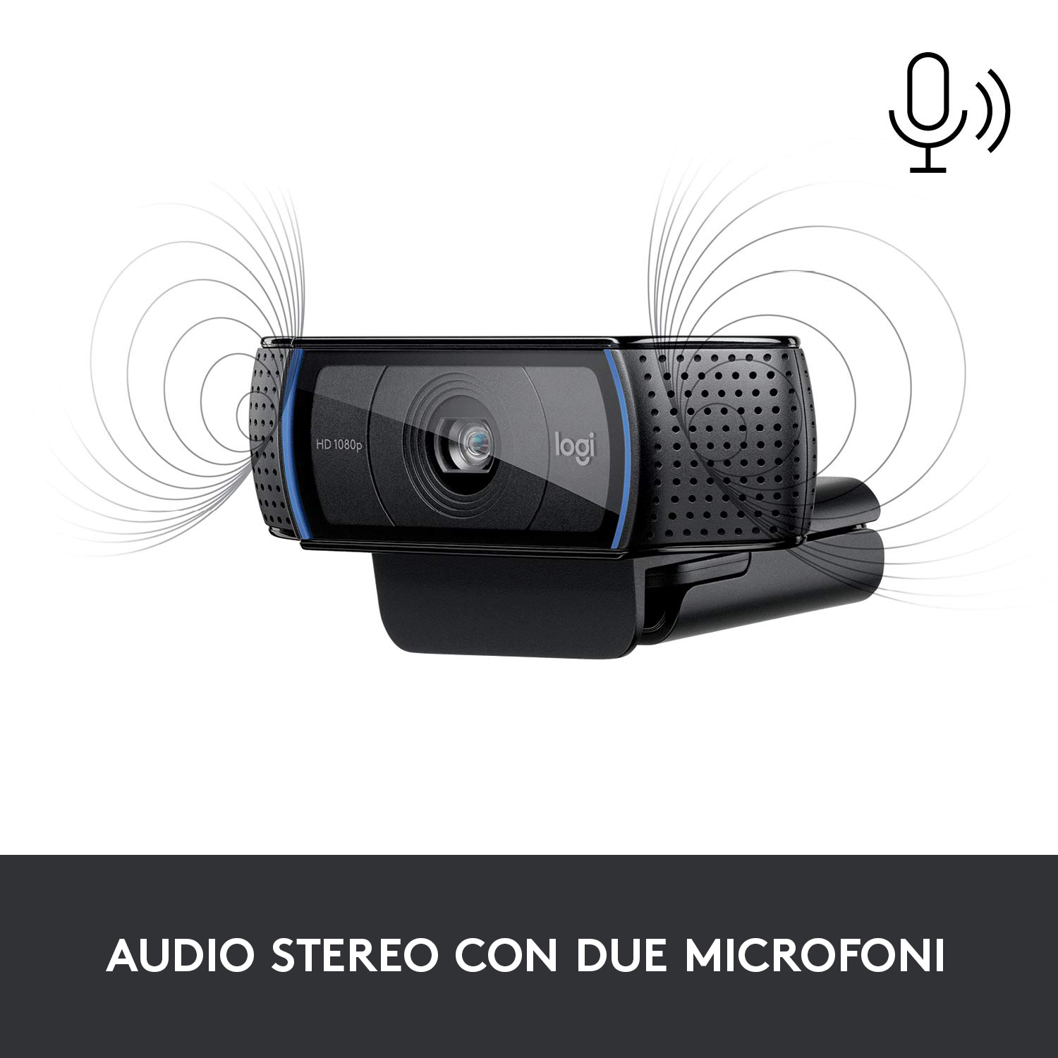 Webcam nera con dettagli blu, due microfoni e grafiche a onde sonore.