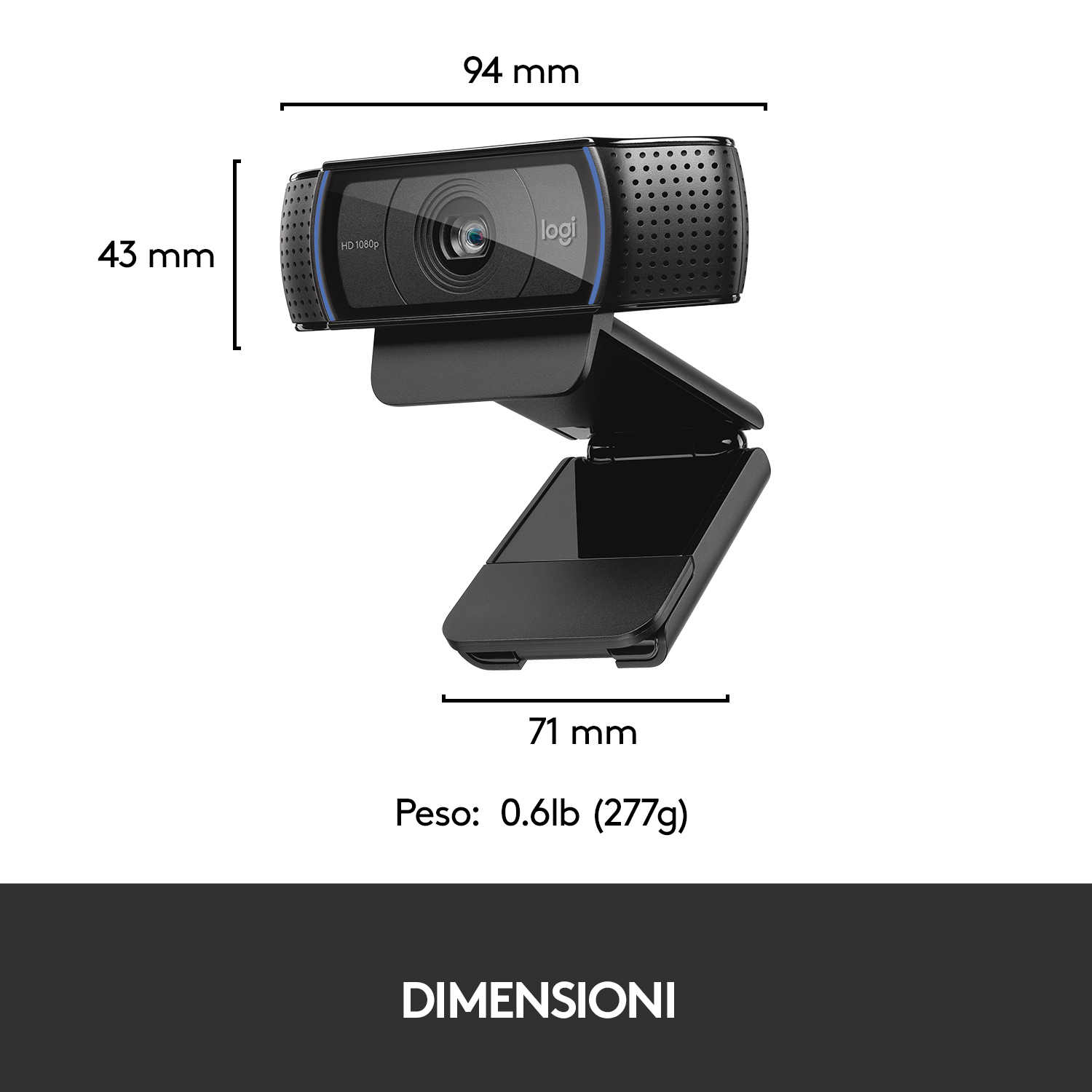 Webcam nera con misure visualizzate. Presenta logo e supporto.