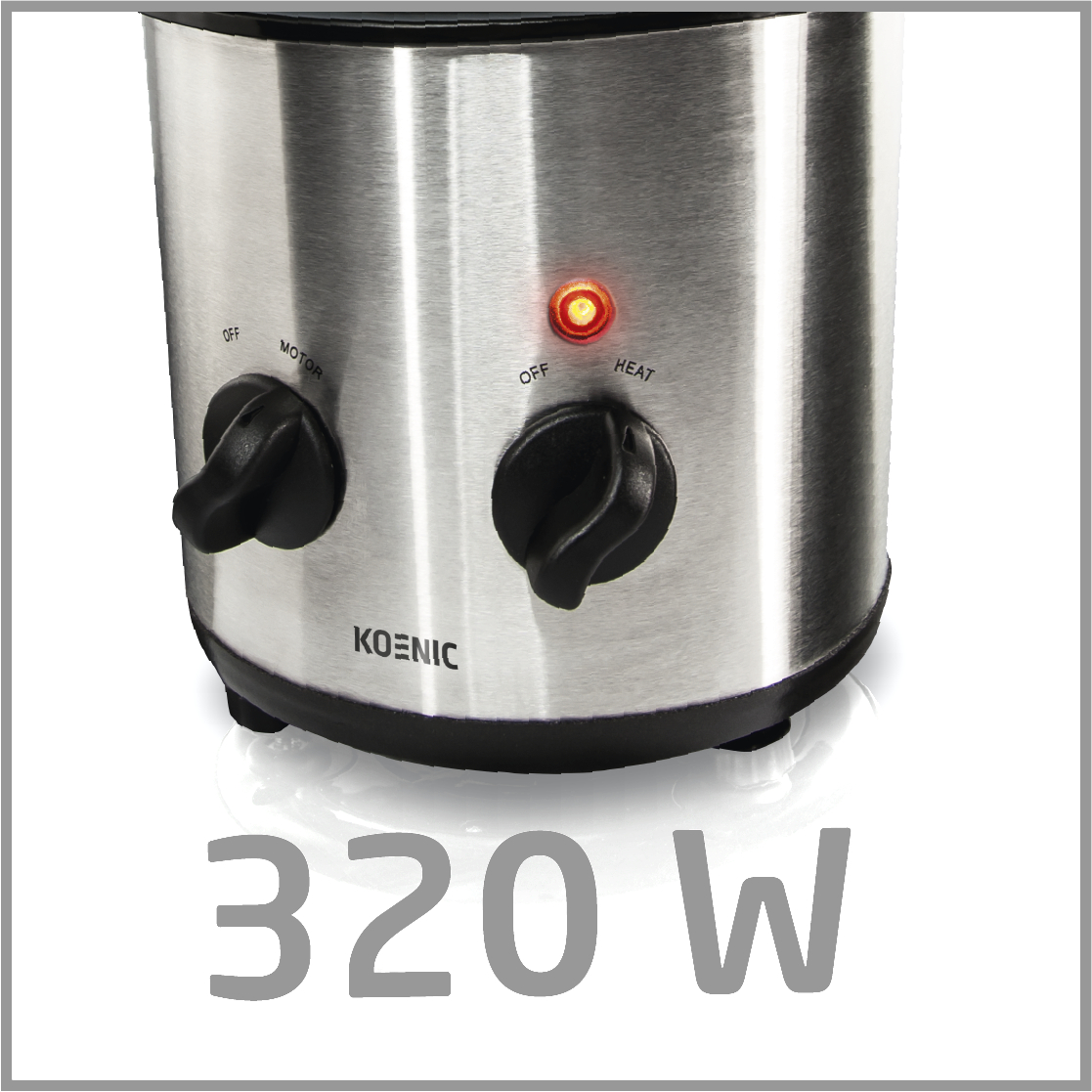 Silbernes und schwarzes Koenic-Gerät mit Drehknöpfen und Kontrollleuchte. 320W.