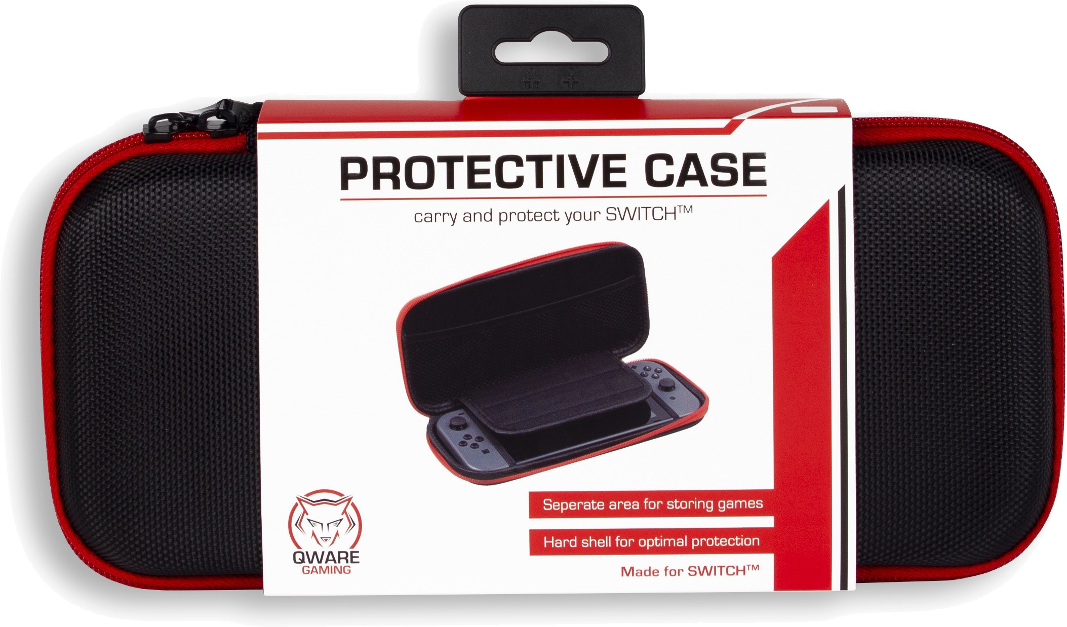 A black and red protective case for a Switch, with the Qware Gaming logo and product details.
