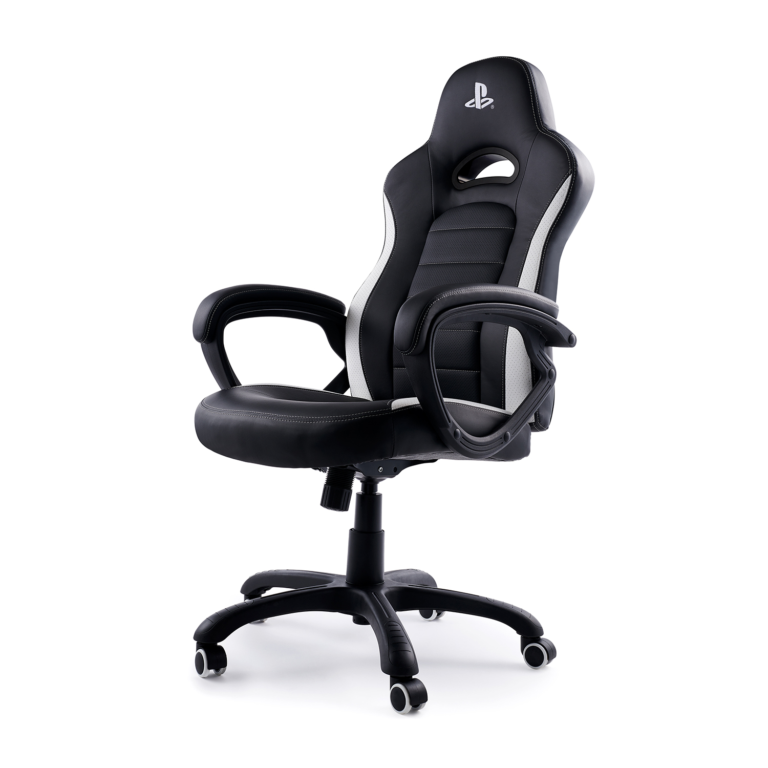 Sedia gaming bianca e nera con logo PlayStation sul poggiatesta.