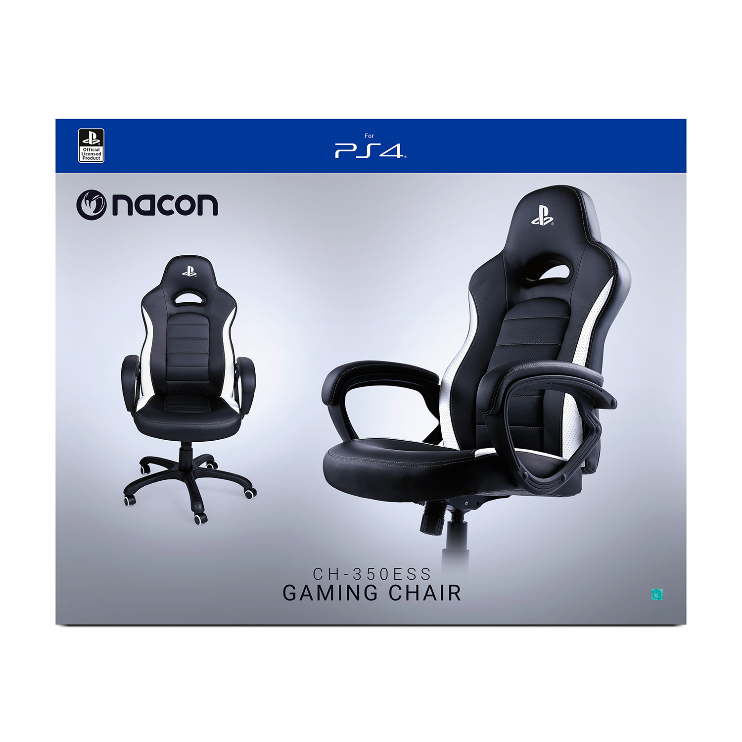 Sedia da gaming su superficie bianca. Sedia nera e bianca con logo PlayStation. Marchio Nacon.