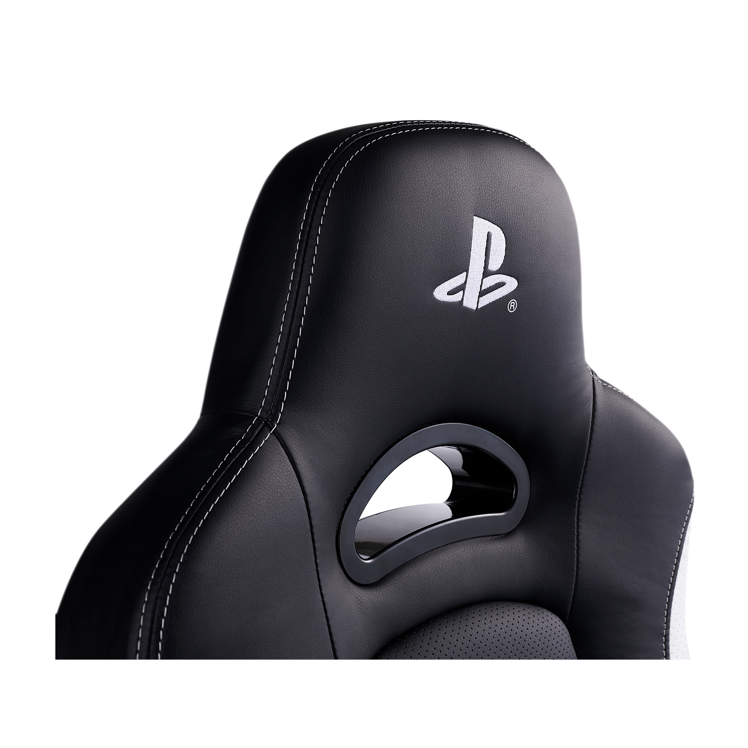 Poggiatesta nero per sedia da gaming in pelle con cuciture bianche e logo PlayStation.