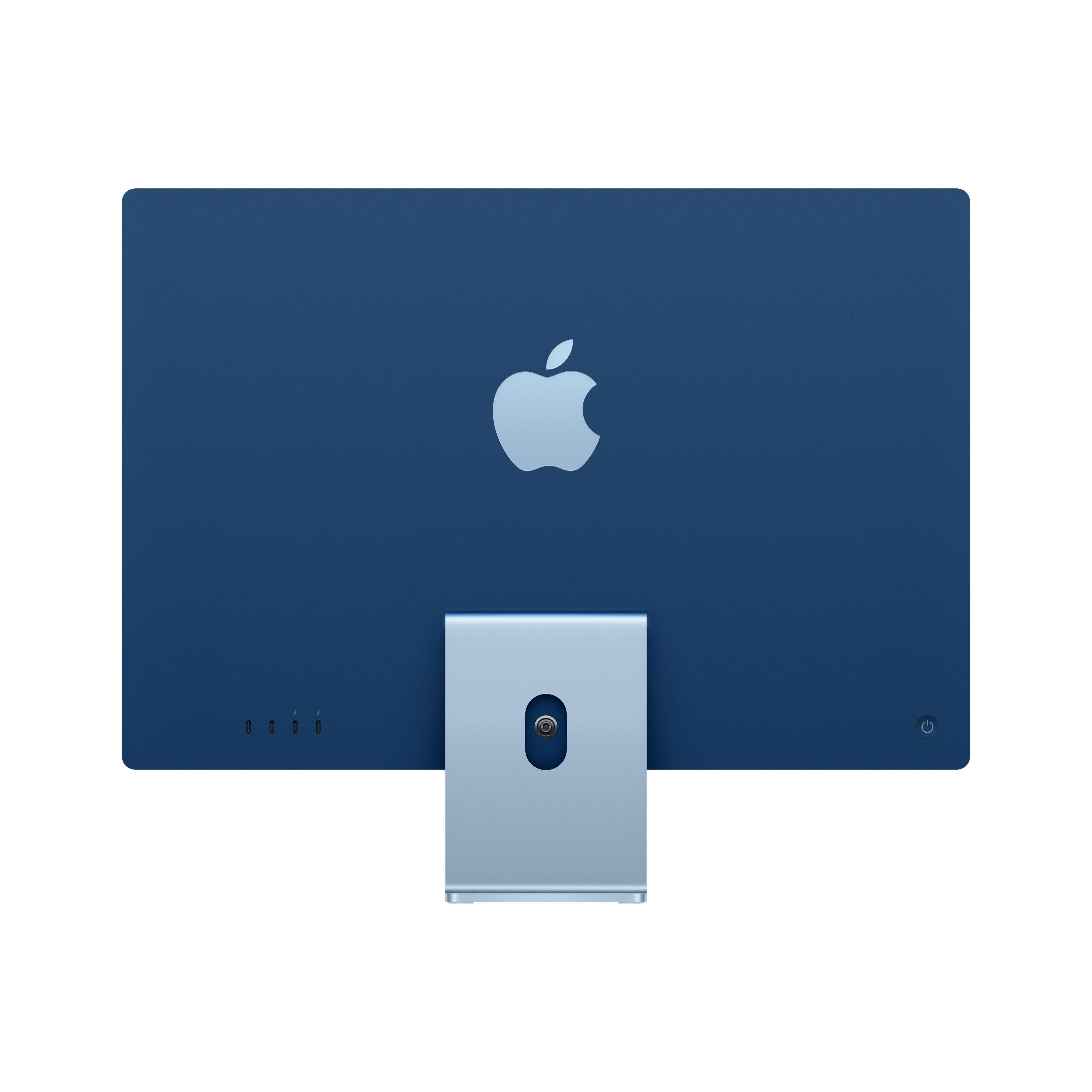 Rückansicht eines blauen iMac-Computers mit Apple-Logo und silbernem Ständer.