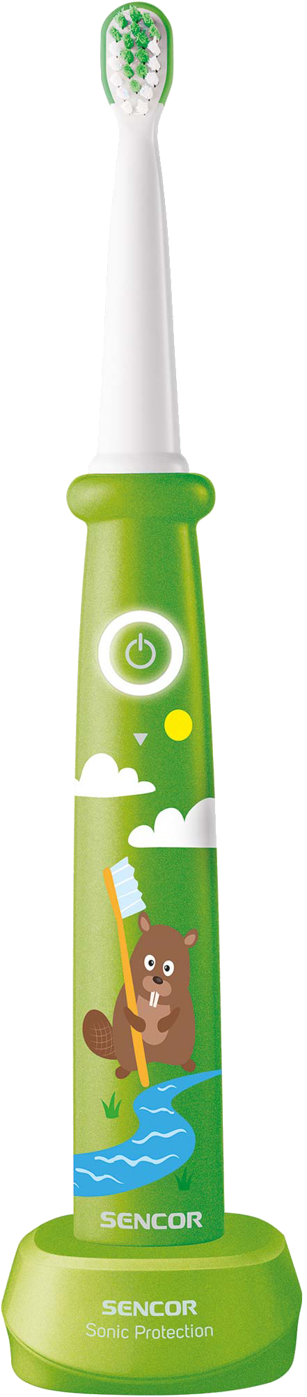 Zöld elektromos fogkefe egy rajzolt hódal, fogkefével, zöld alapon.
