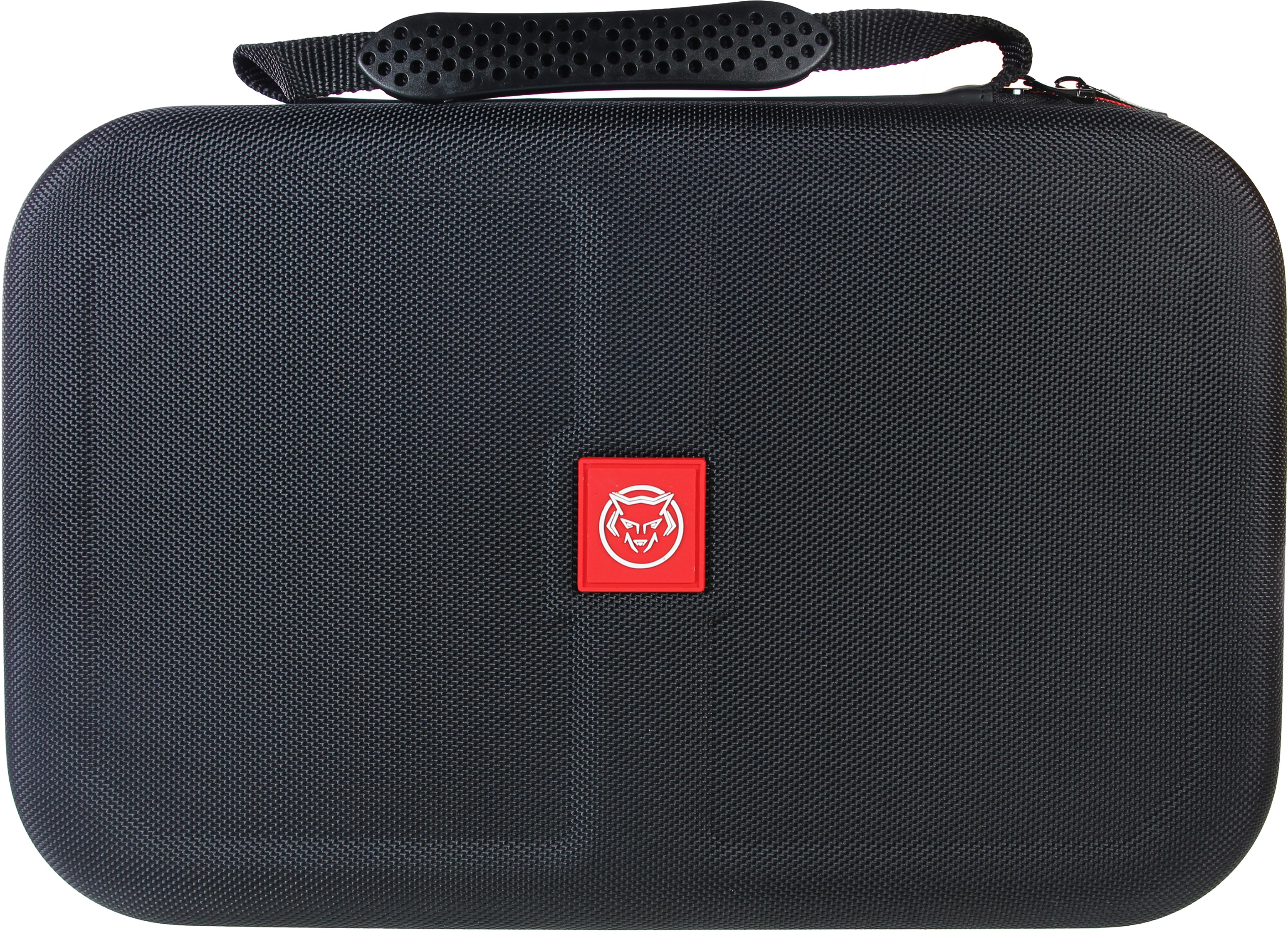 Black carrying case with a red square logo. The case is rectangular with a handle and zipper.
