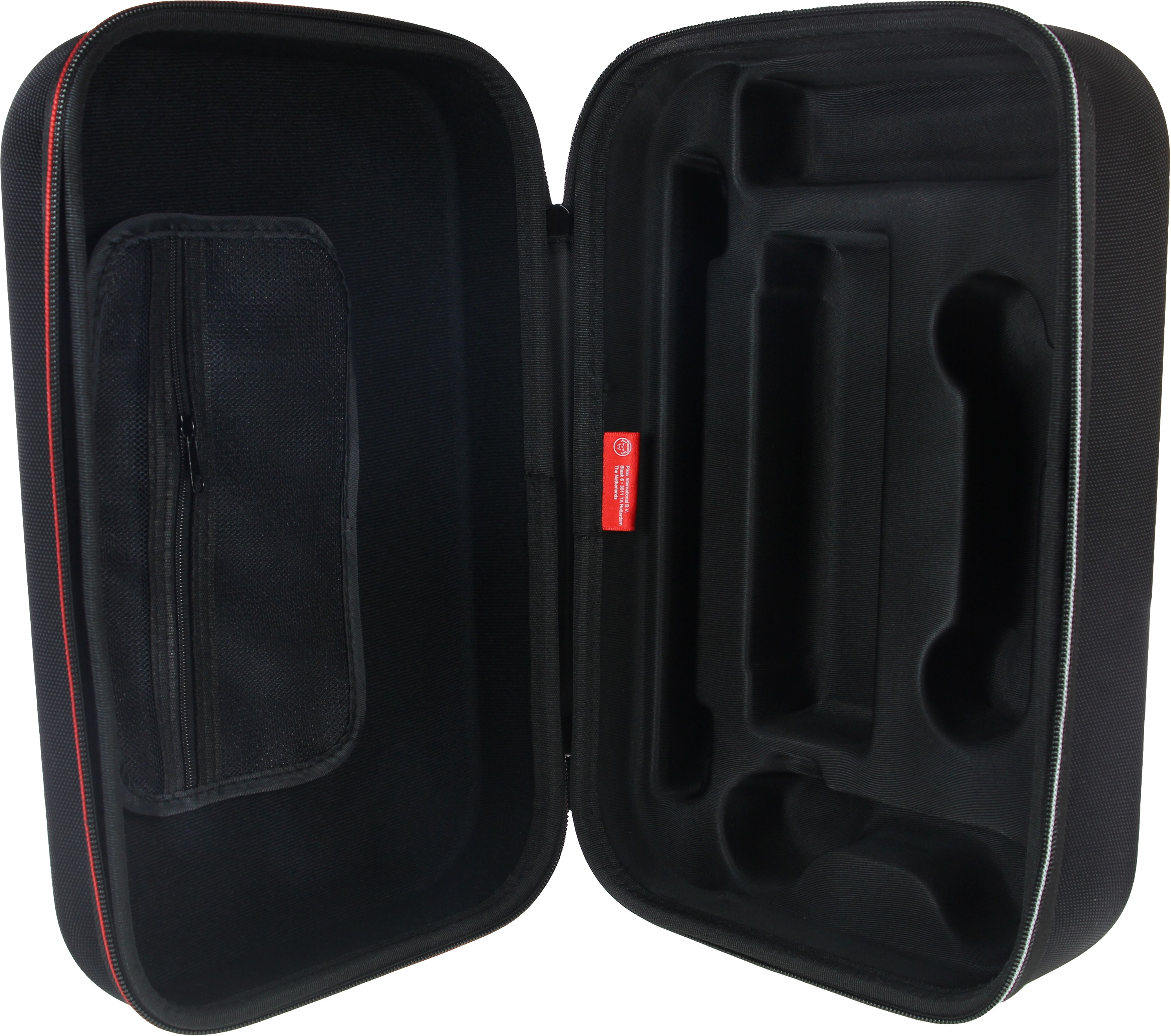 Open black case with compartments for equipment, red zipper.