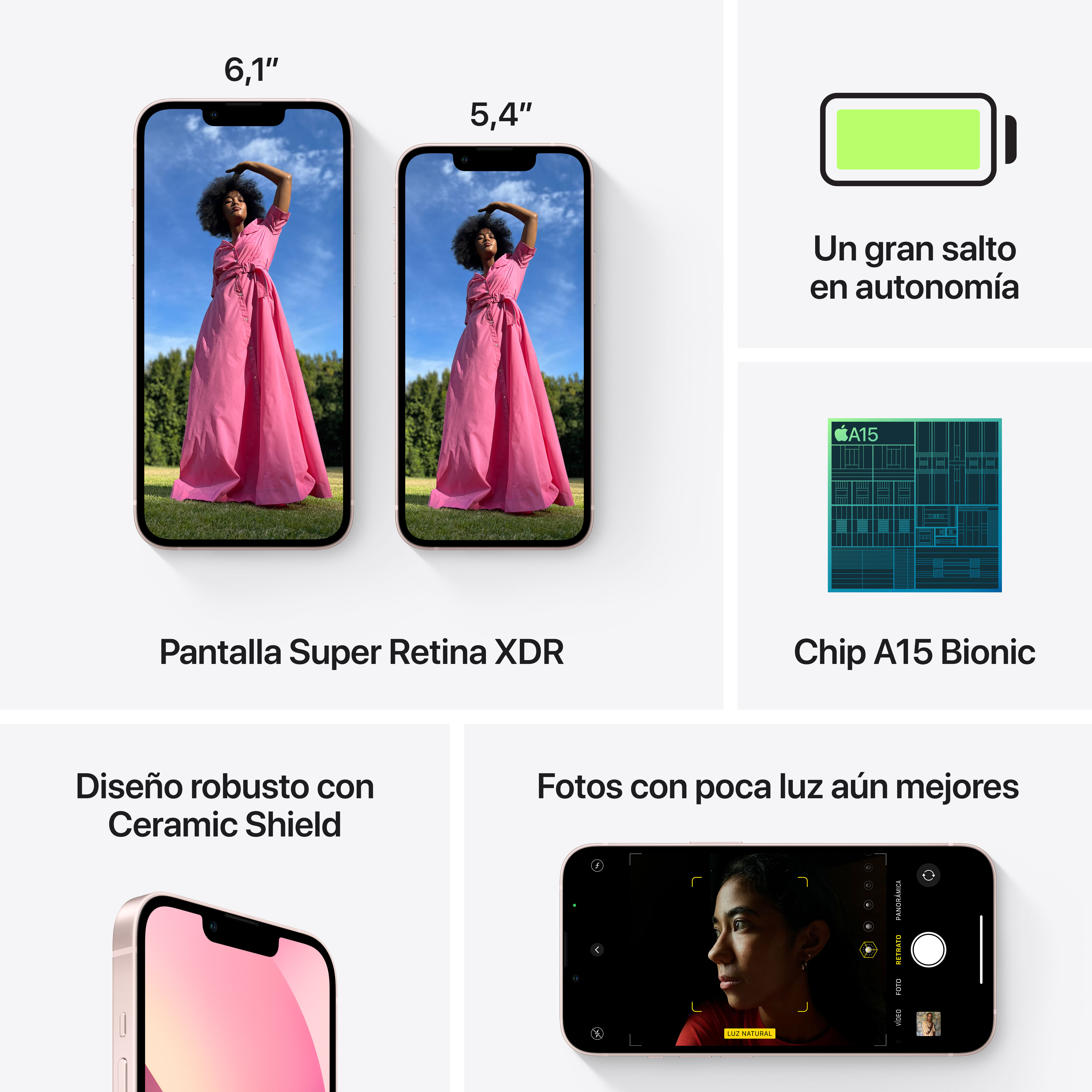 Dos iPhones, uno con una mujer con vestido rosa y detalles de funciones.
