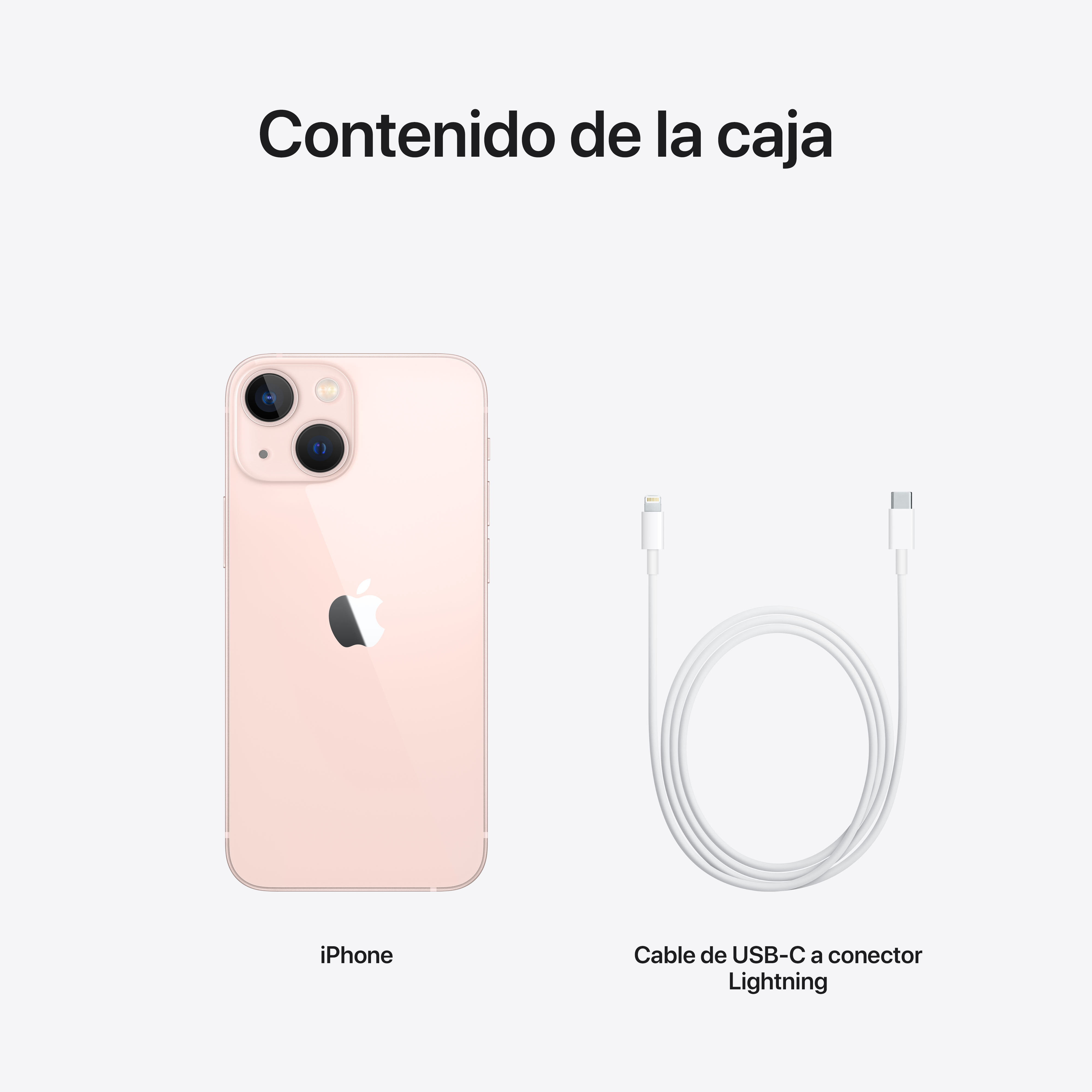 iPhone rosa, cable y texto 'Contenido de la caja' sobre fondo blanco. iPhone y cable USB-C.