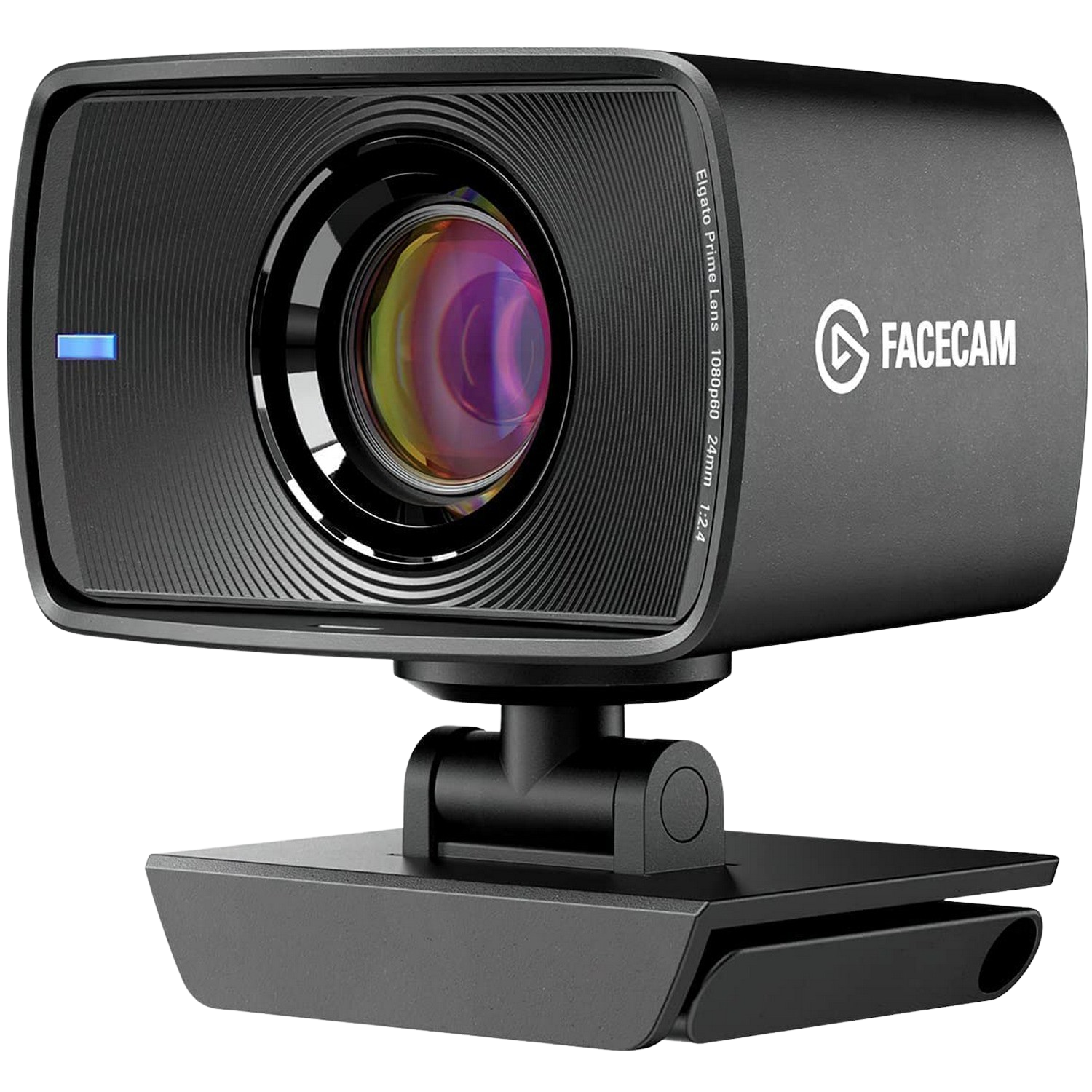 Cámara web Elgato Facecam negra con lente y soporte.