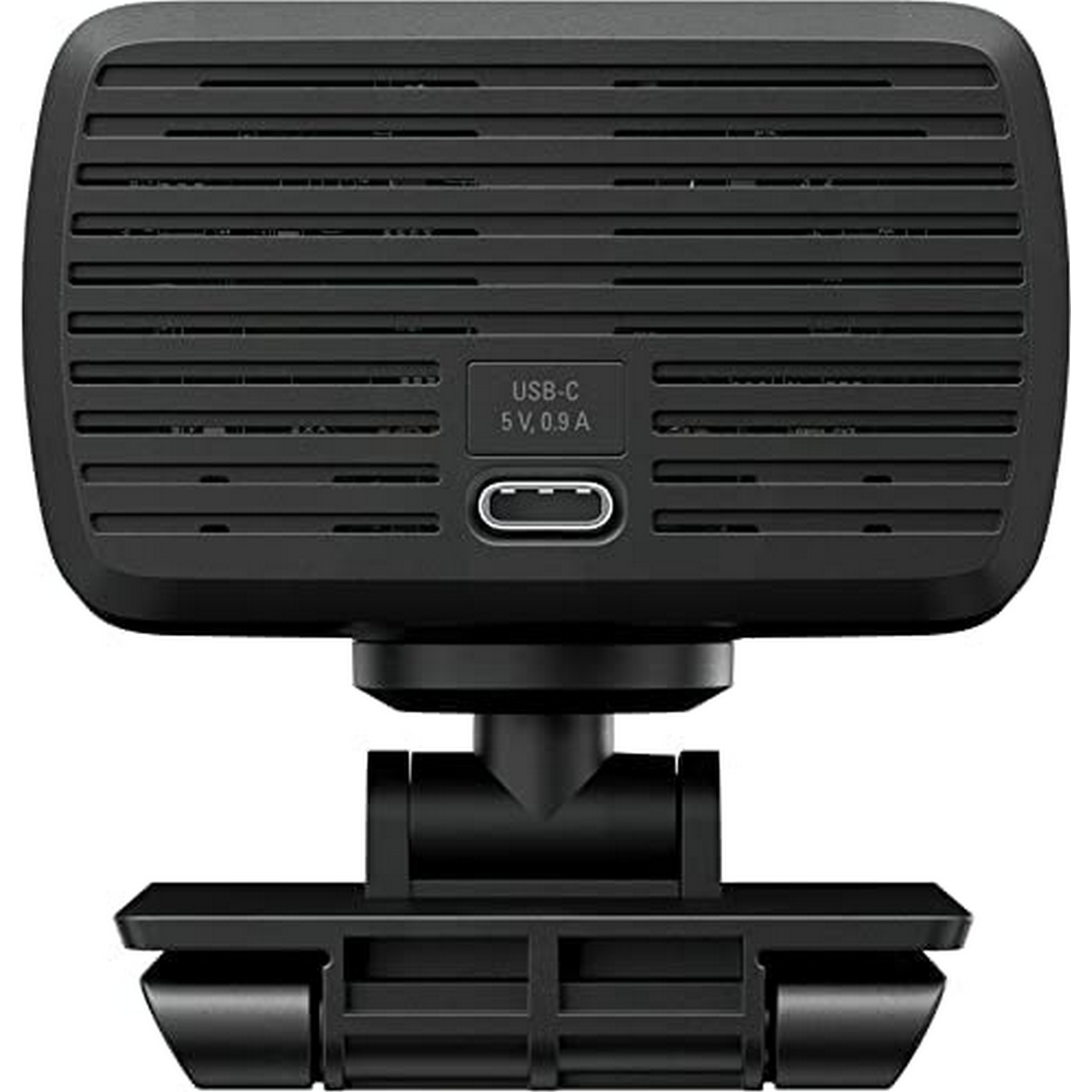 Cámara web USB-C negra con ranuras de ventilación y un soporte de montaje.