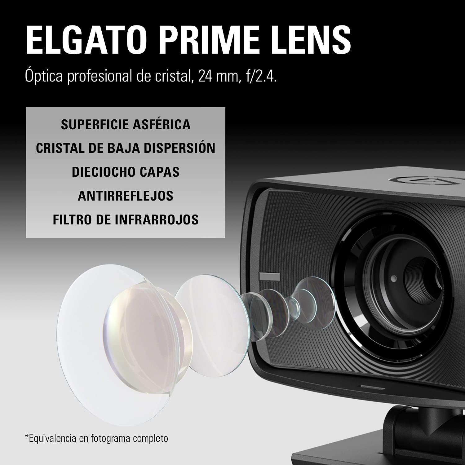 Lente de cámara Elgato negra con texto en español. Muestra elementos de la lente. Fondo blanco.