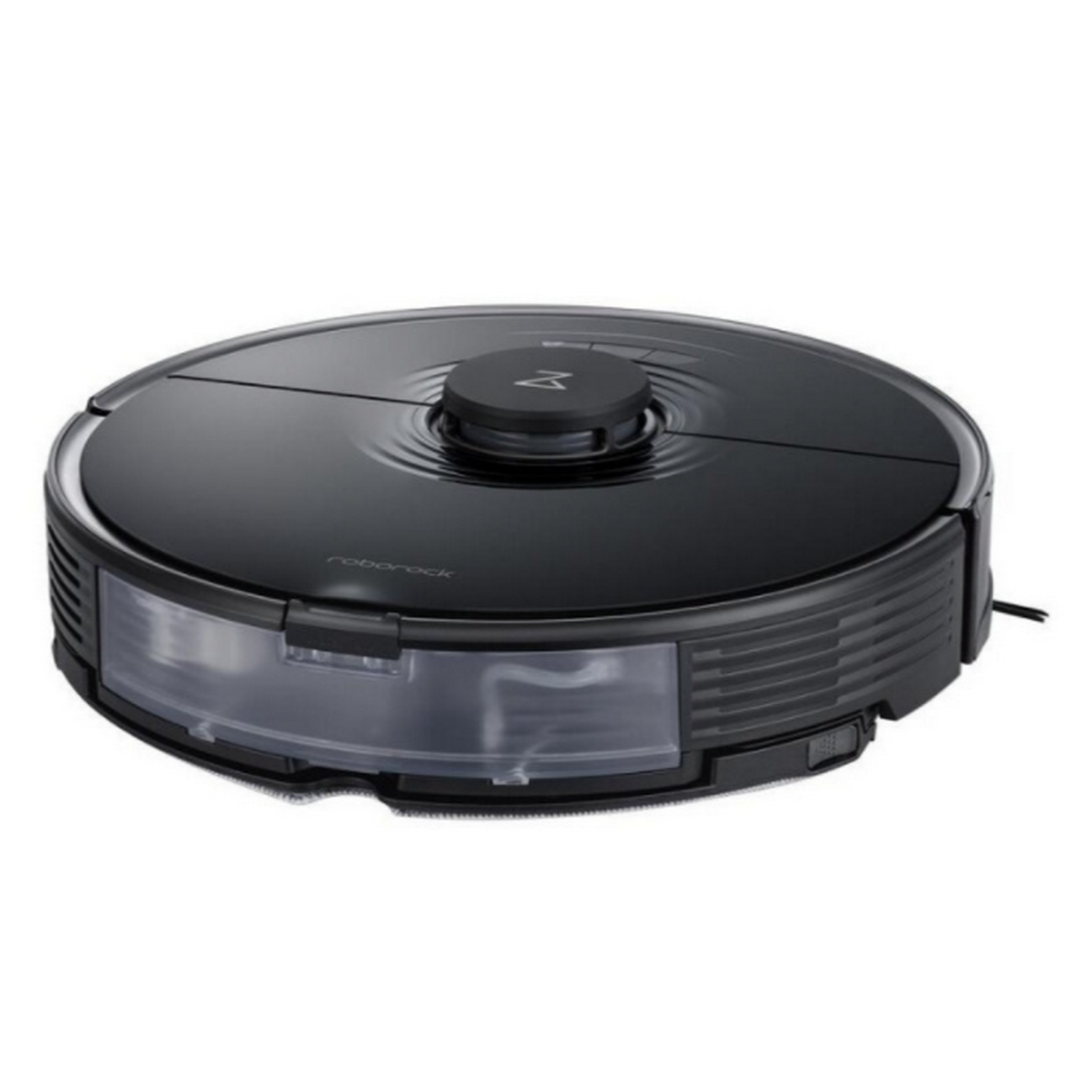Aspiradora robot Roborock negra con contenedor de polvo transparente.