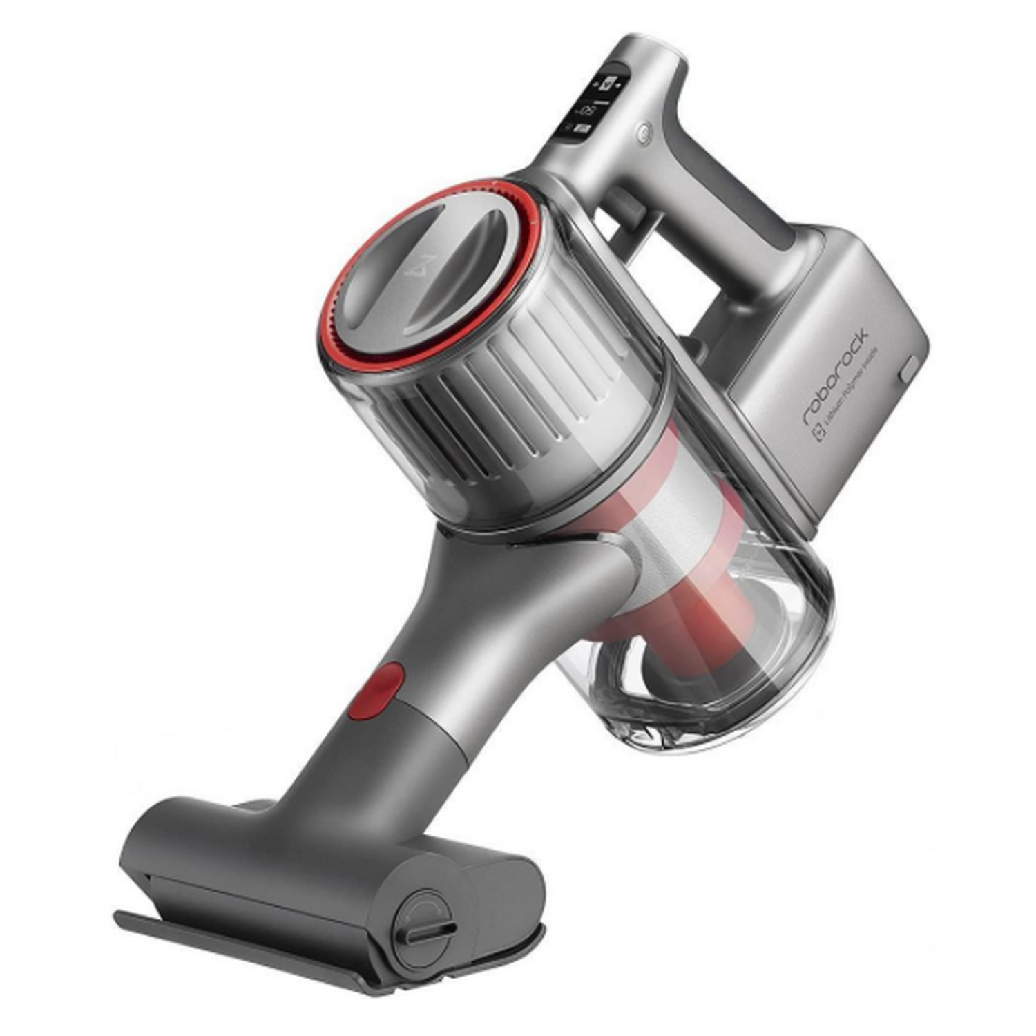 Aspiradora Roborock plateada y roja. Tiene un depósito de polvo y un botón de encendido rojo.