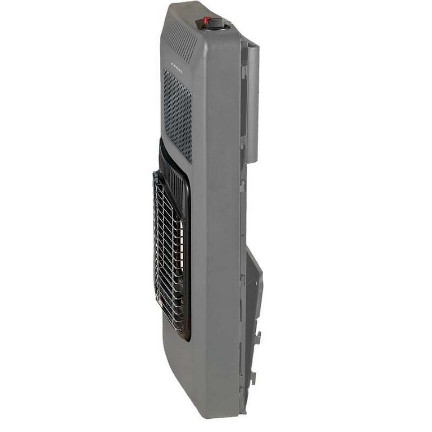 Un calefactor gris montado en la pared con rejilla frontal.