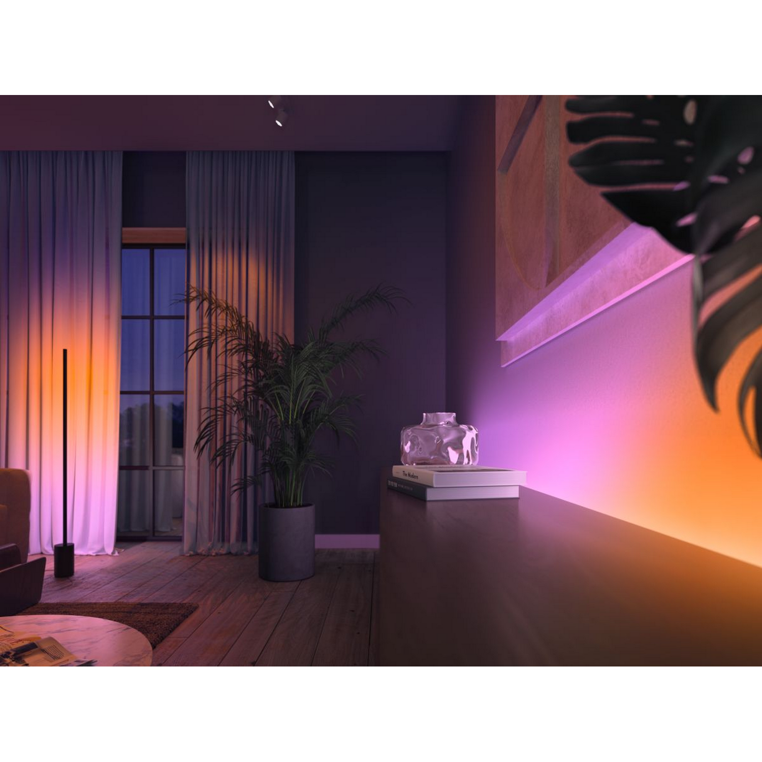 Habitación moderna con luces de colores, una planta y una estantería blanca. Una pared oscura en el fondo.