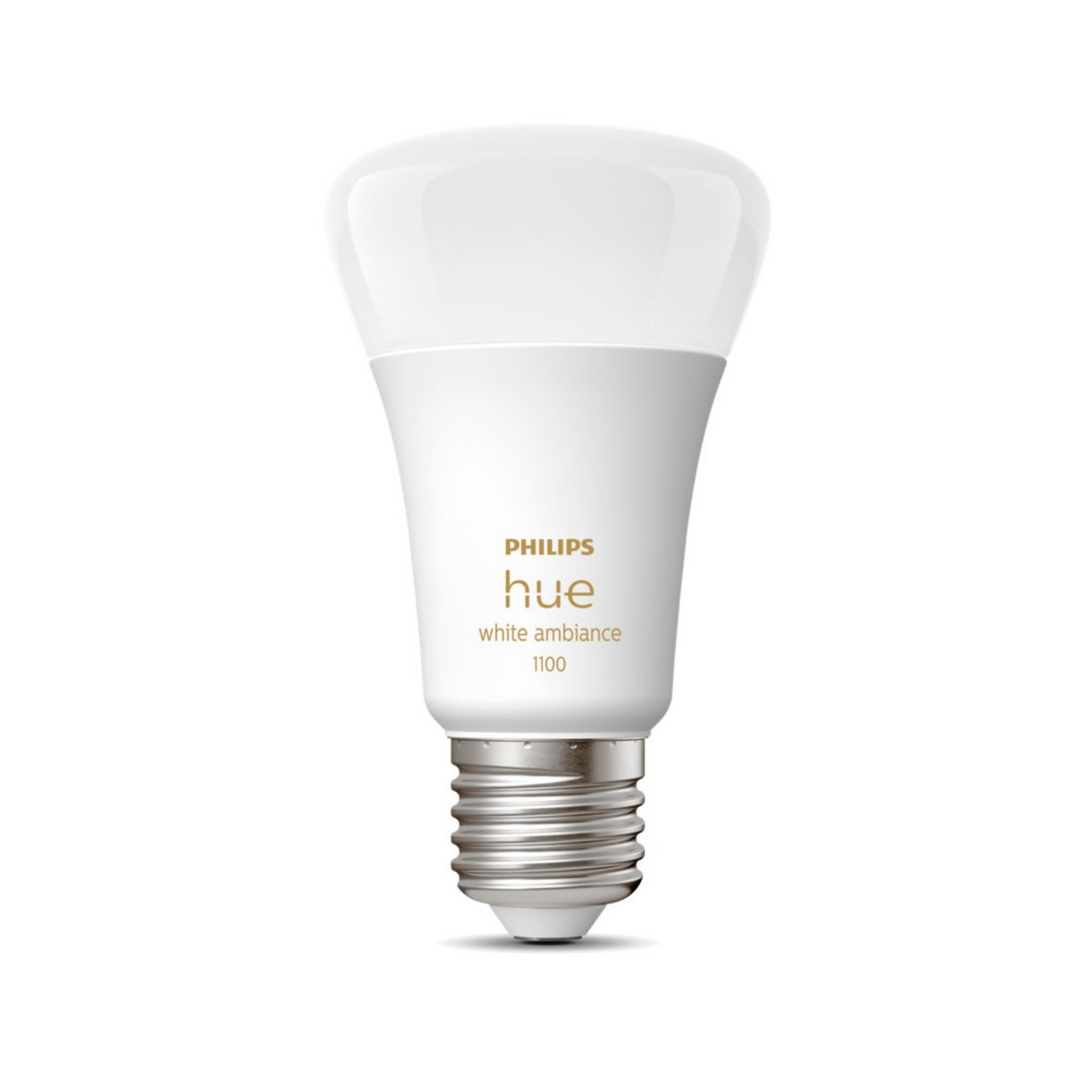 Bombilla inteligente Philips Hue, blanca, con base plateada, fondo blanco.