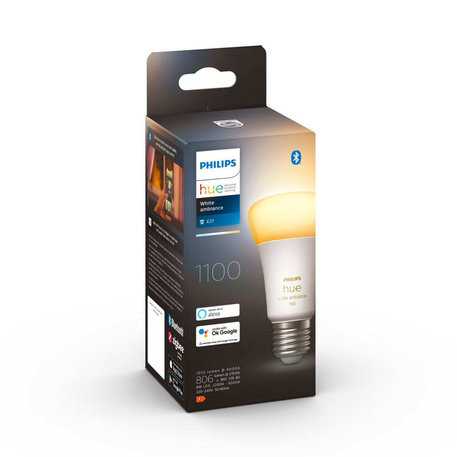 Bombilla inteligente Philips Hue en su embalaje. La caja muestra la bombilla y sus características.