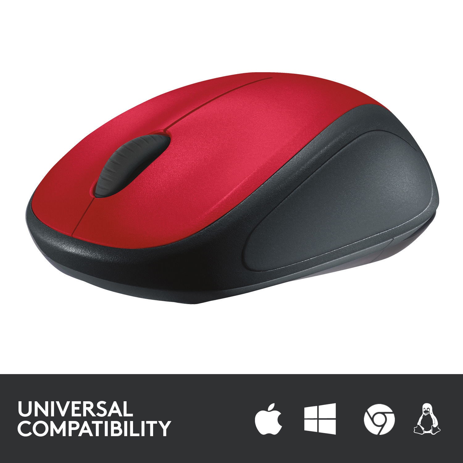 Mouse rosso e nero con rotella di scorrimento nera. Base nera con icone di compatibilità universale.
