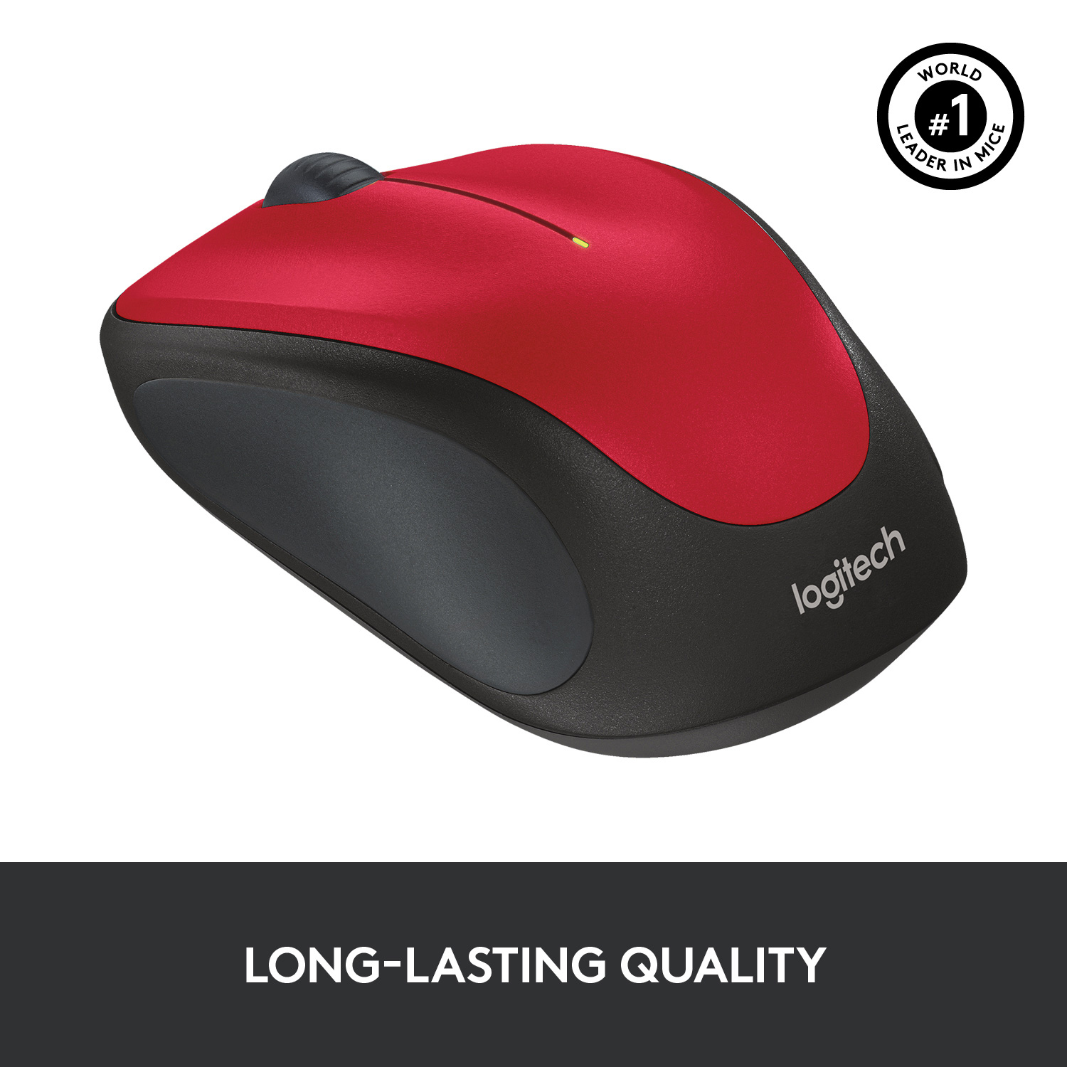 Mouse Logitech rosso e nero. Il testo 'LONG-LASTING QUALITY' è visibile in basso.